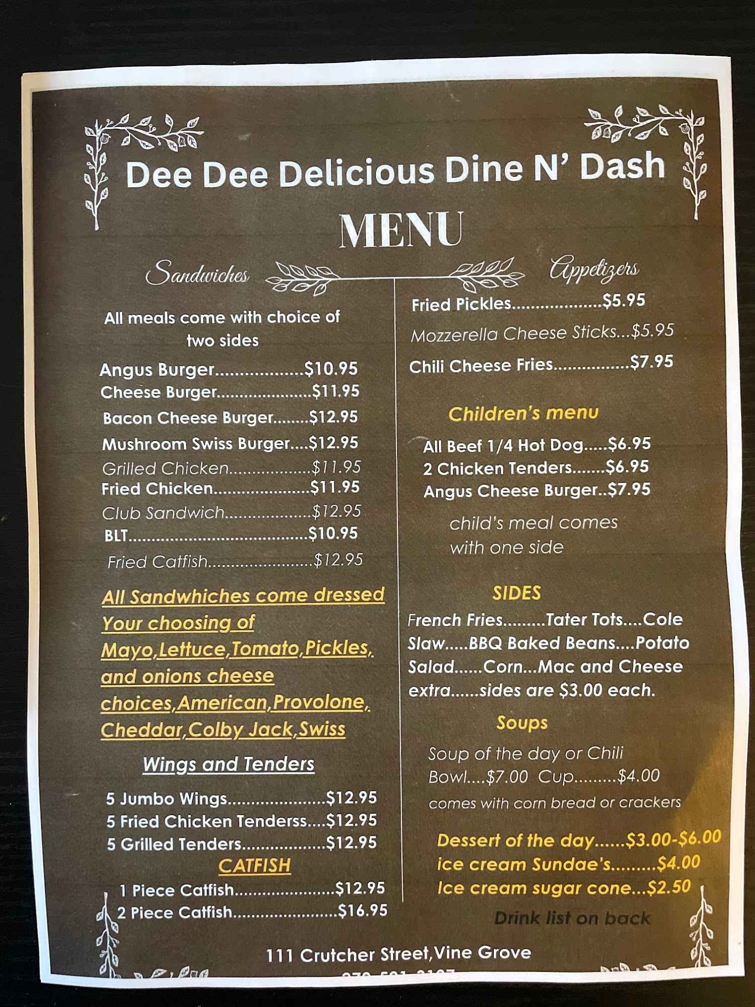 Dee Dee Delicous Dine n Dash Cafe Menu