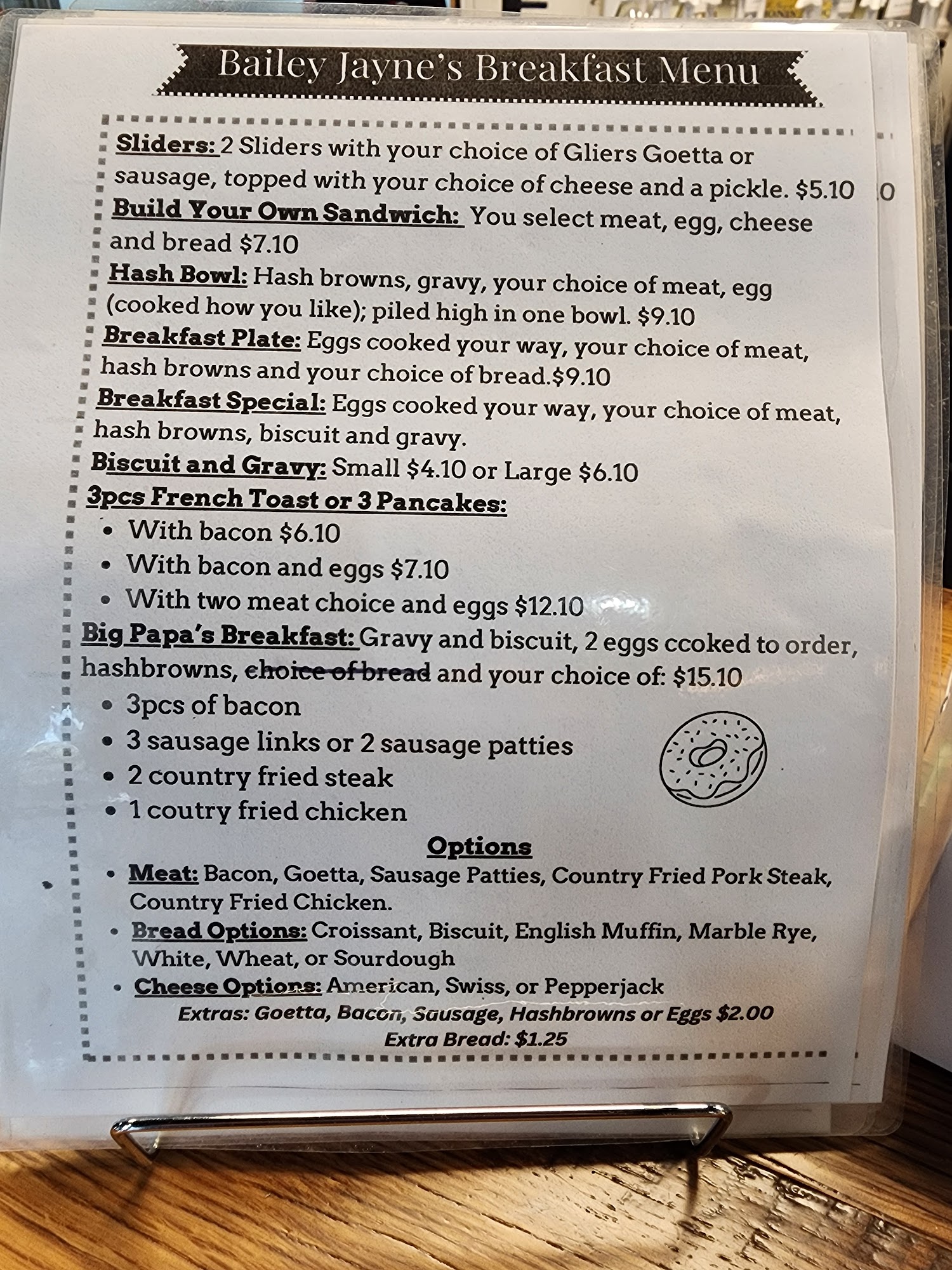 Bailey Jaynes Bakery & Cafe Menu