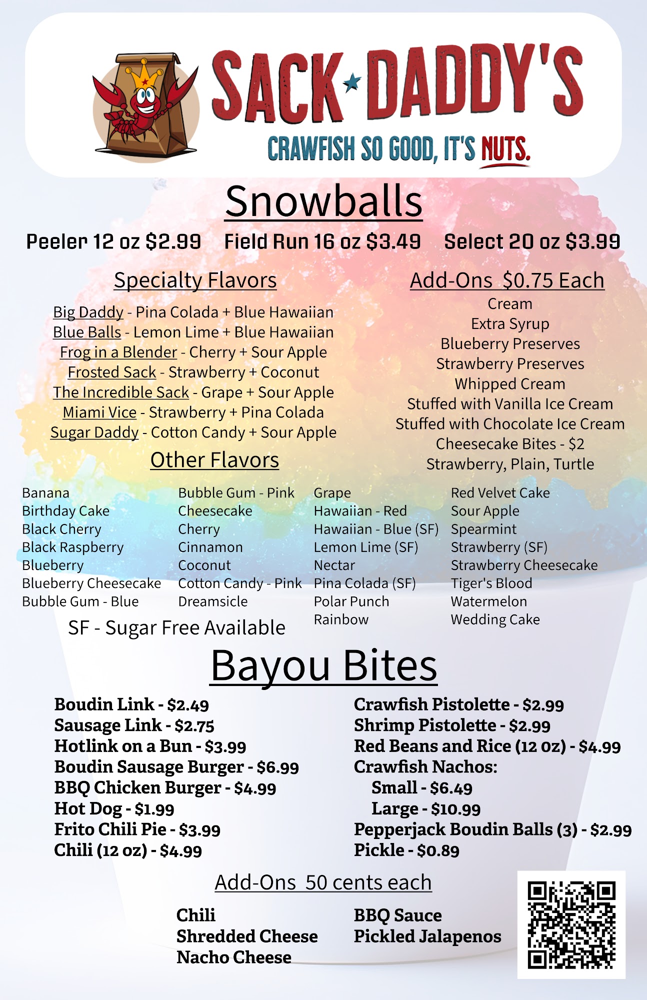 Sack Daddy's Crawfish Menu