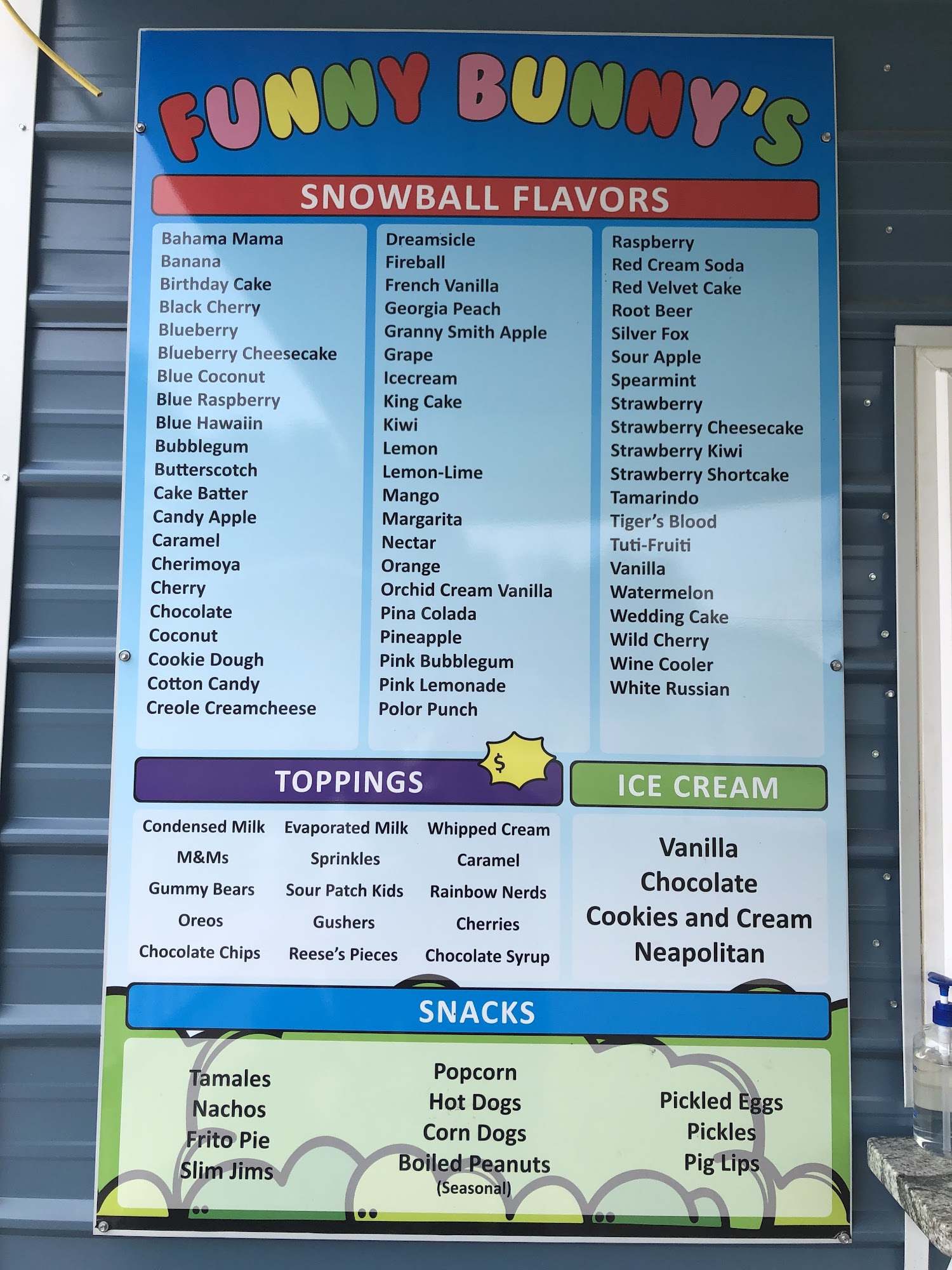 Funny Bunny's Snowballs Menu