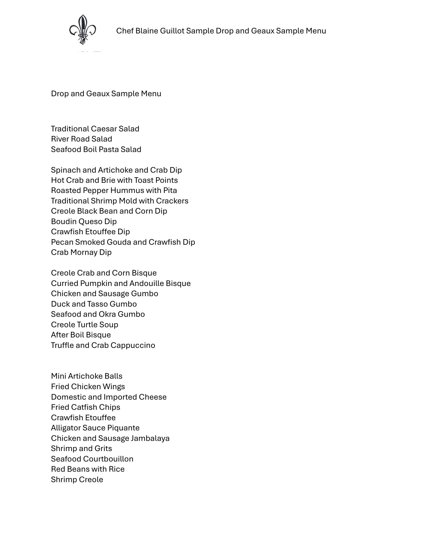 Blaine Guillot Private Chef LLC Menu