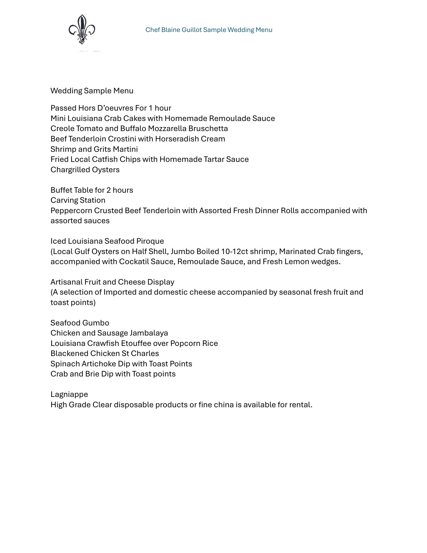 Blaine Guillot Private Chef LLC Menu