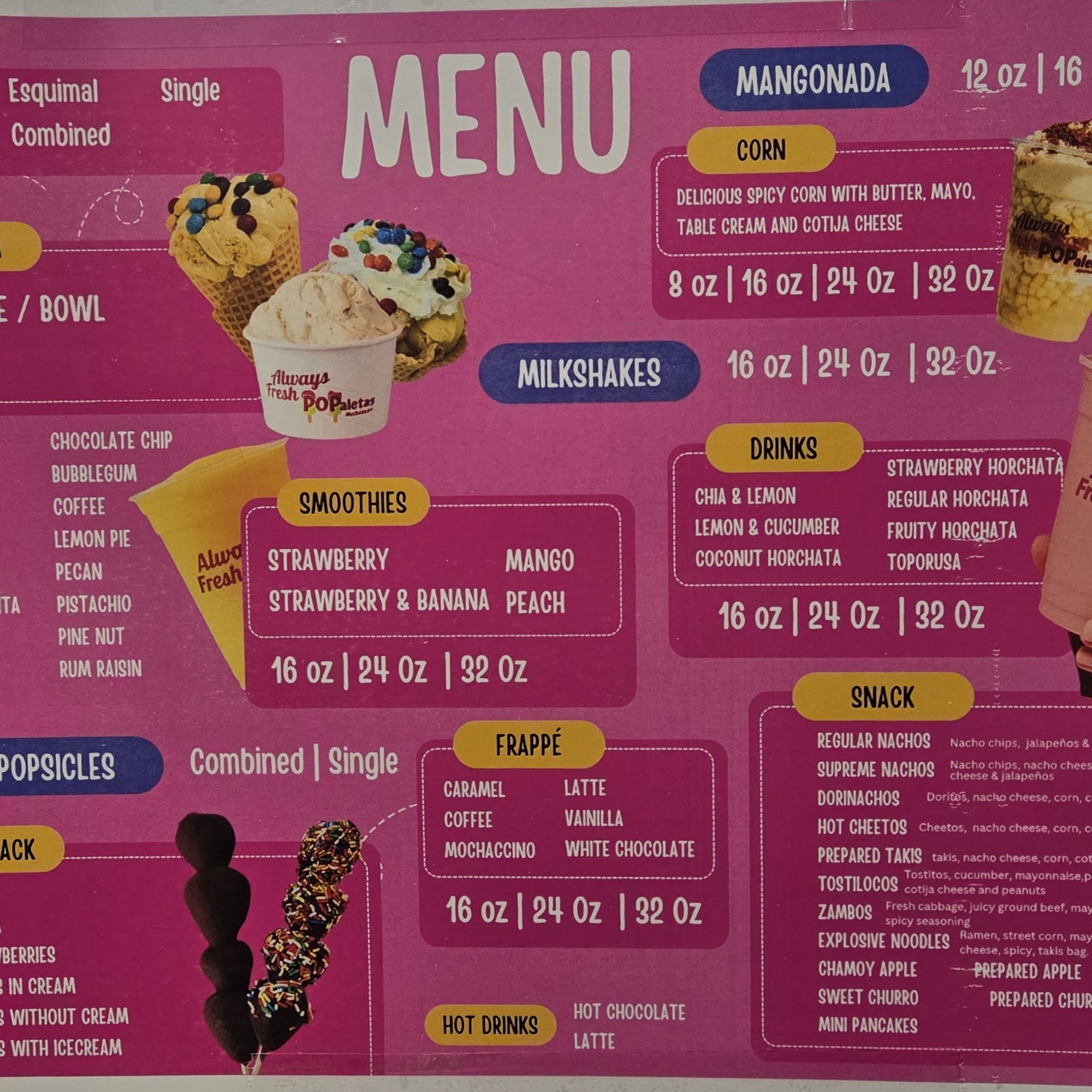 Popaletas Michoacan Menu