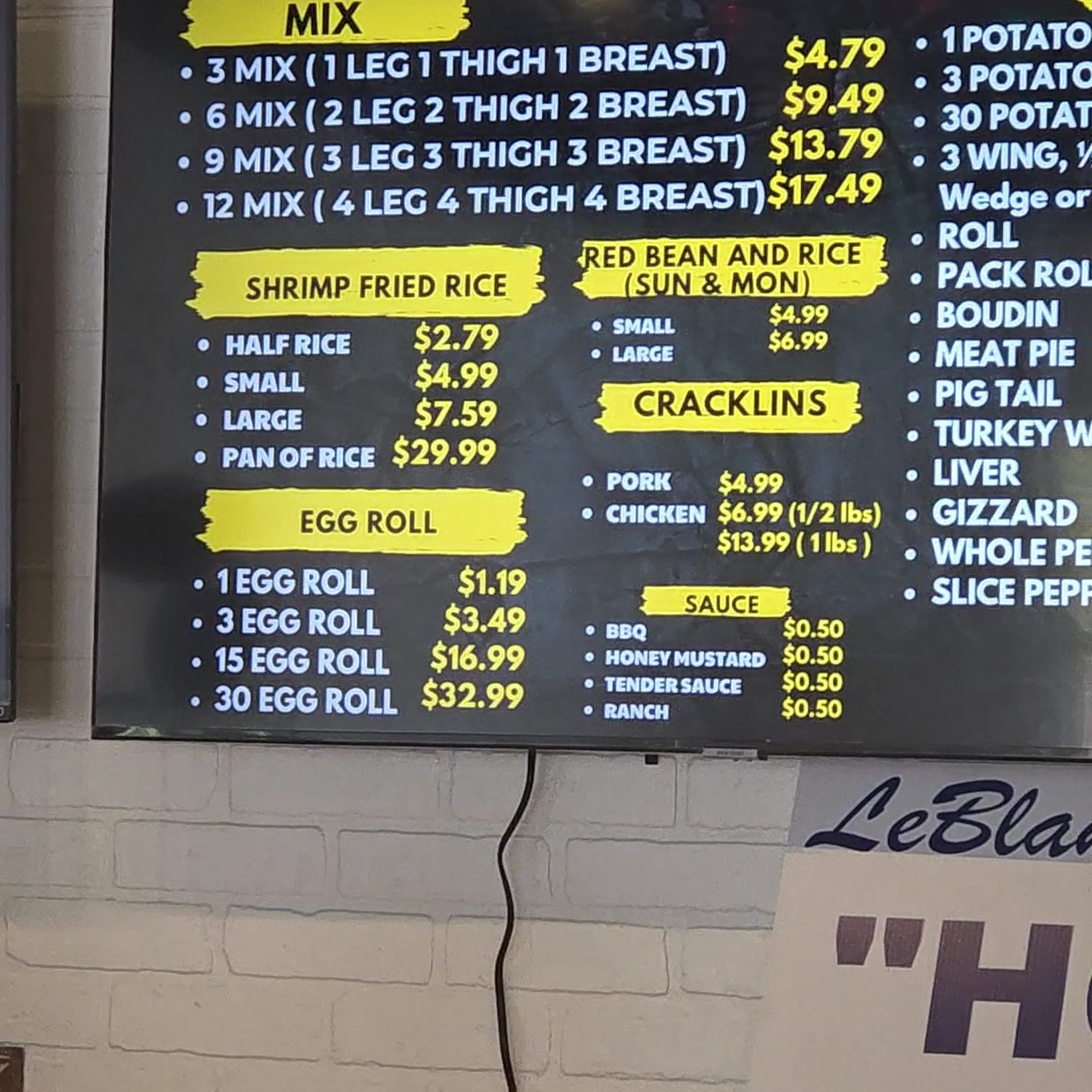 Lee's Chicken and Cracklins Menu
