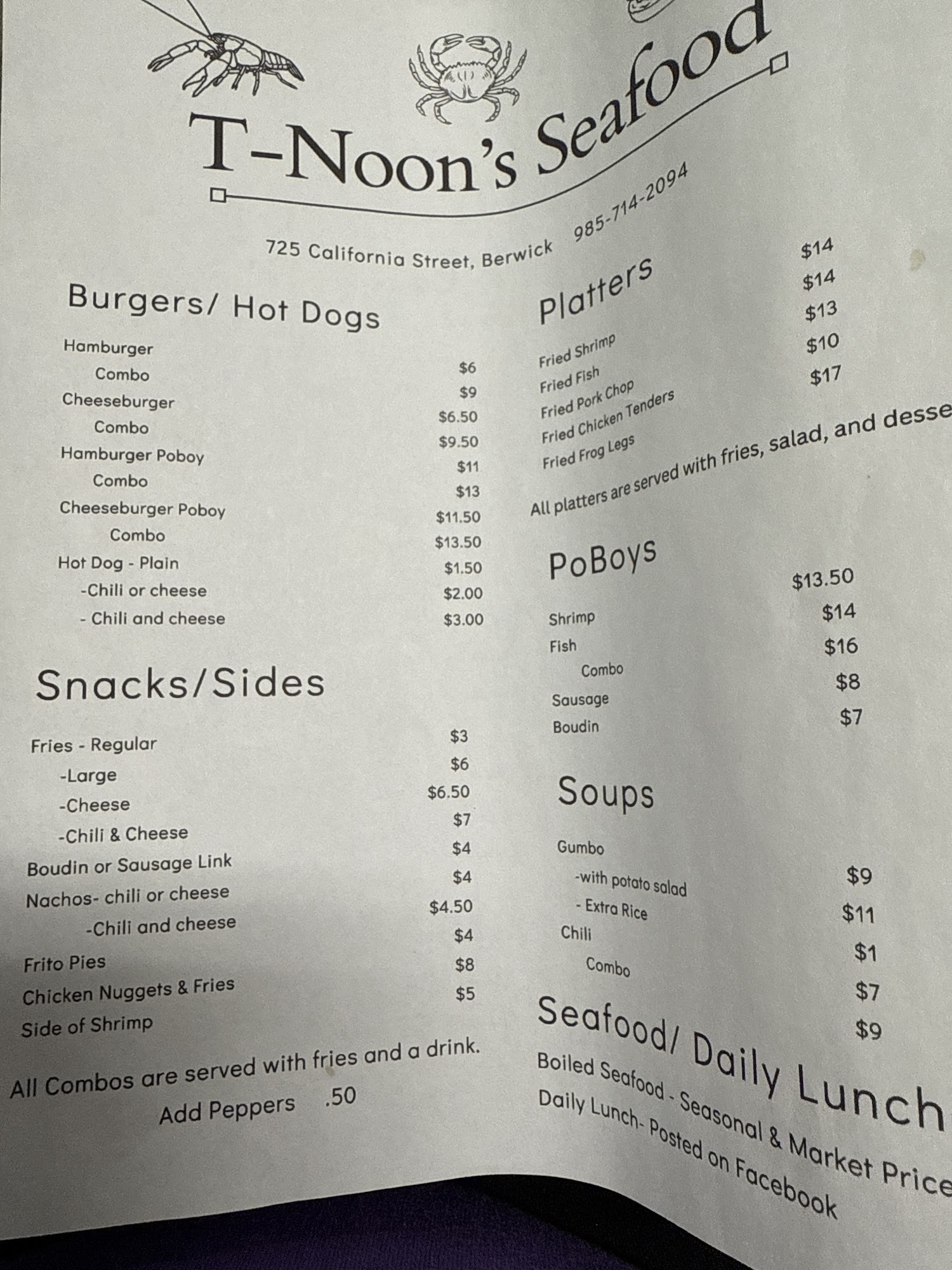 T Noon's Seafood Menu