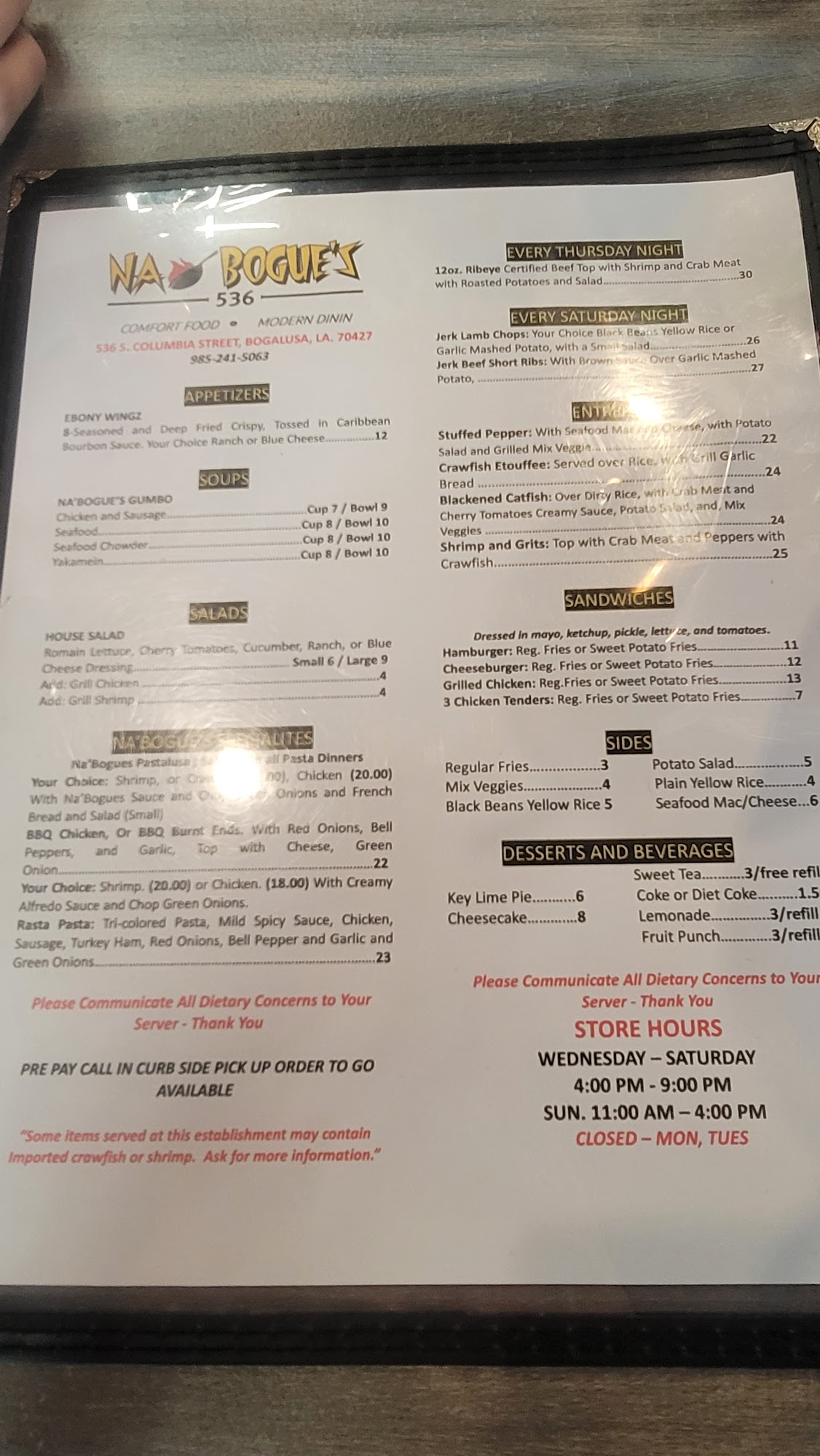 NaBogue's Menu