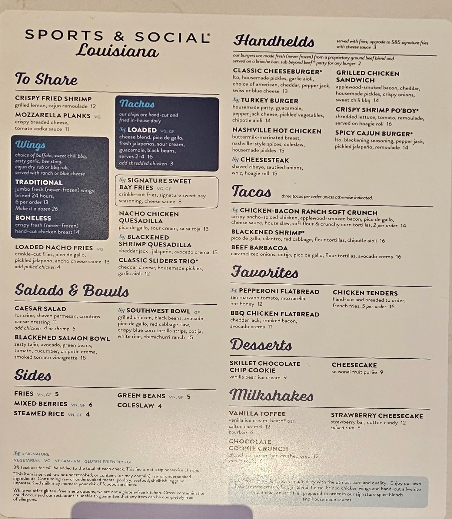 Sports & Social Louisiana Menu