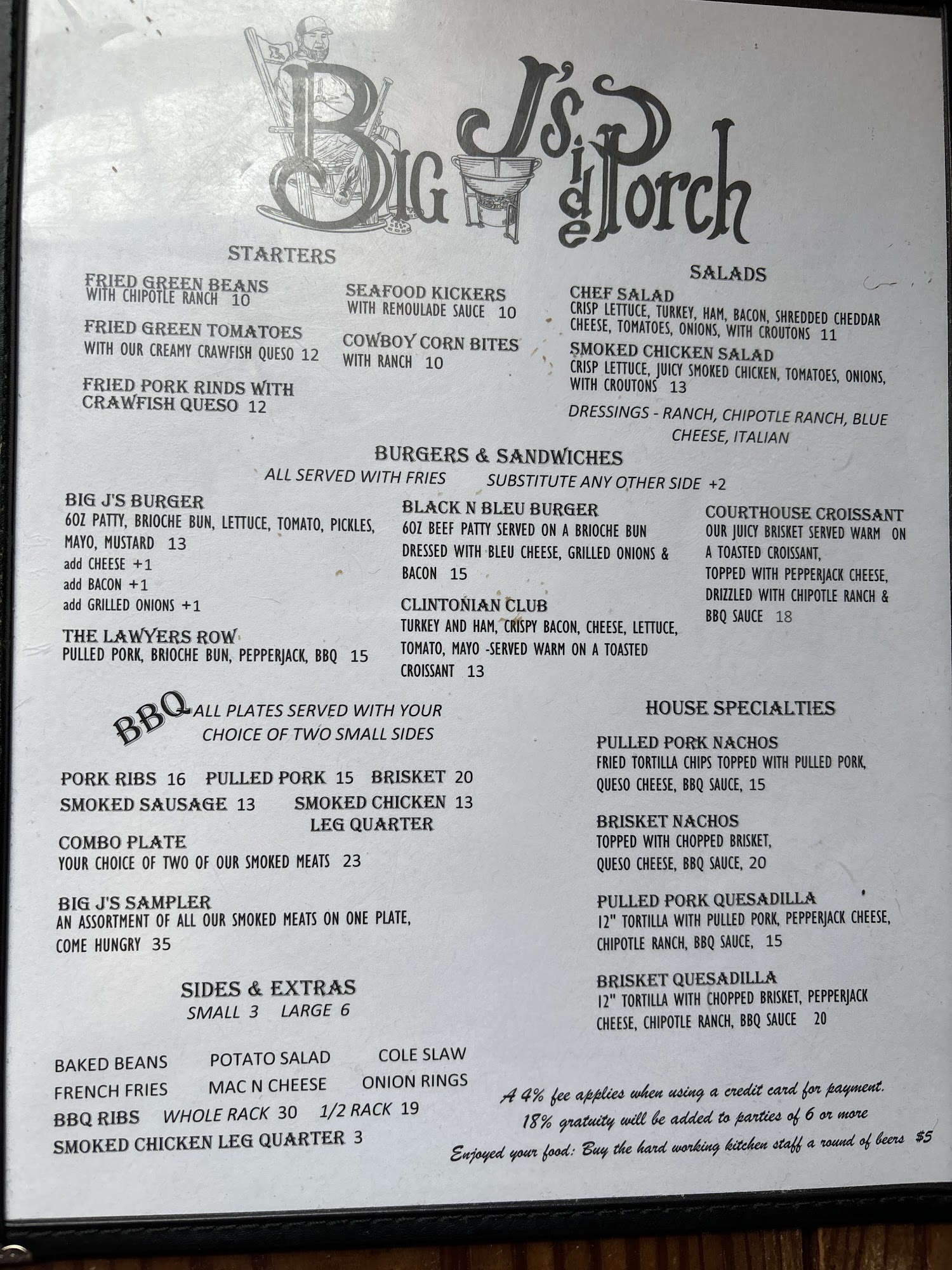 Big J’s Side Porch Menu