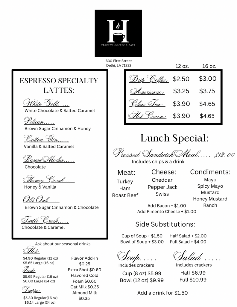 HeBrews Coffee & Eats *Delhi* Menu
