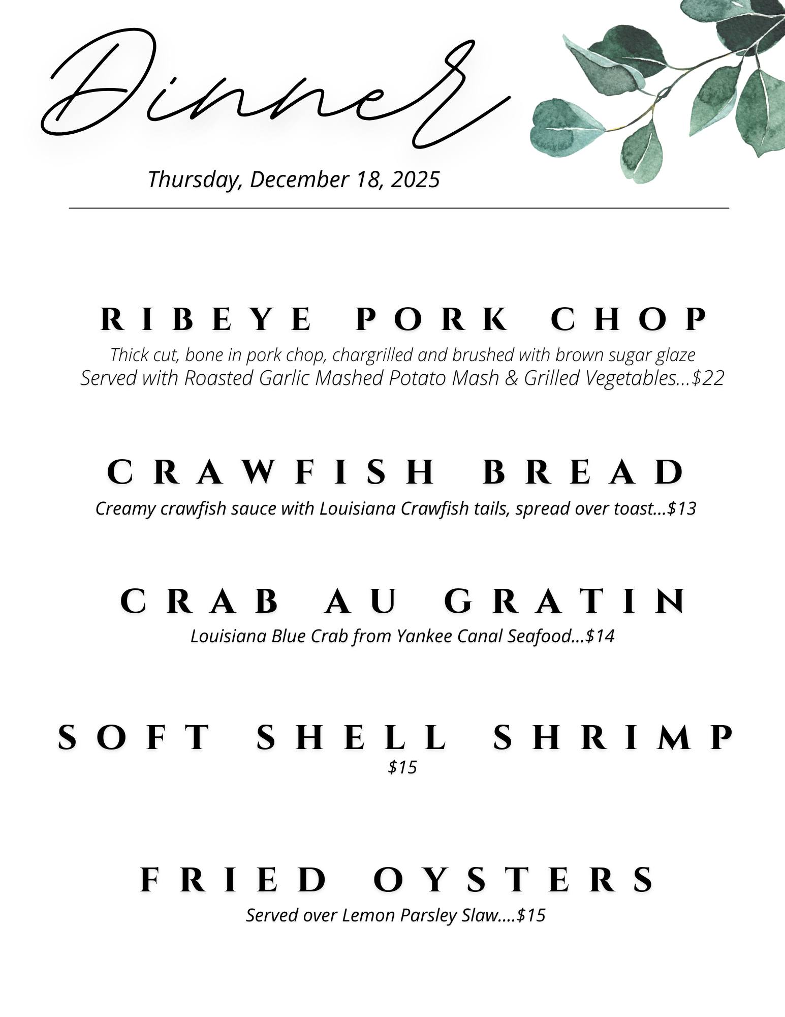 Lafourche Landing Menu