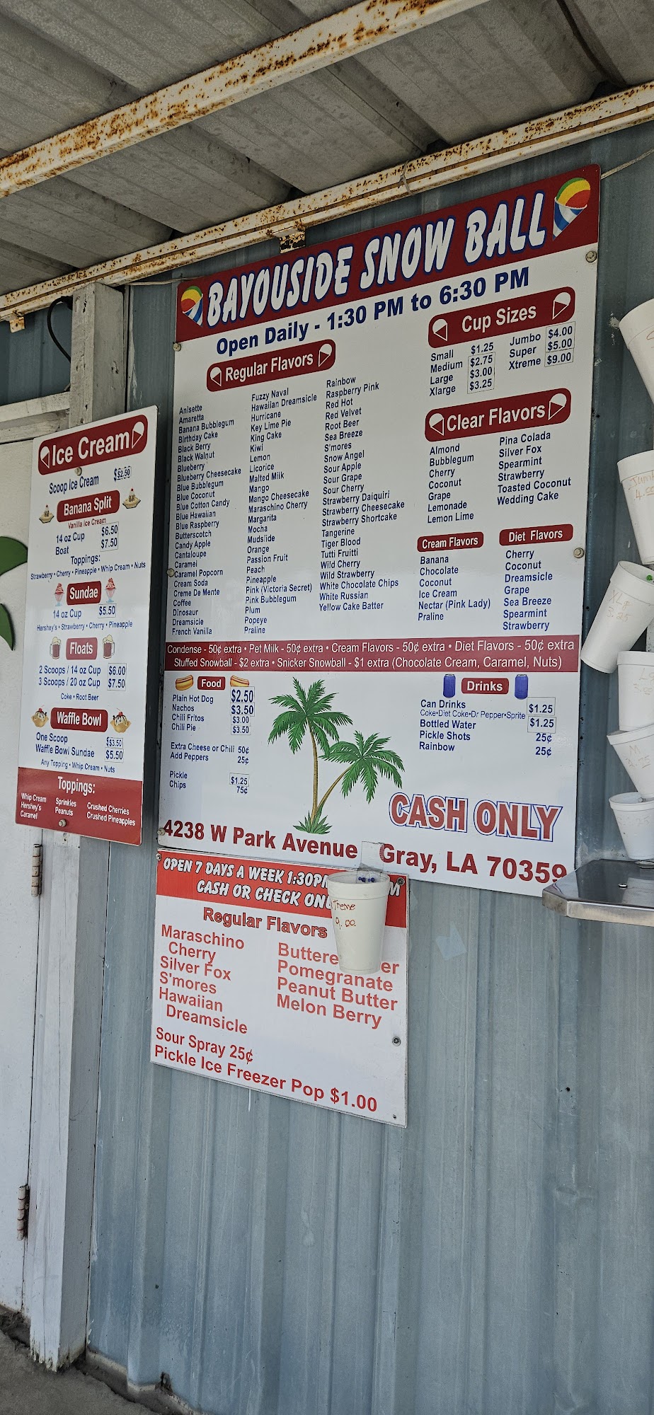 Bayou Side Snowballs Menu