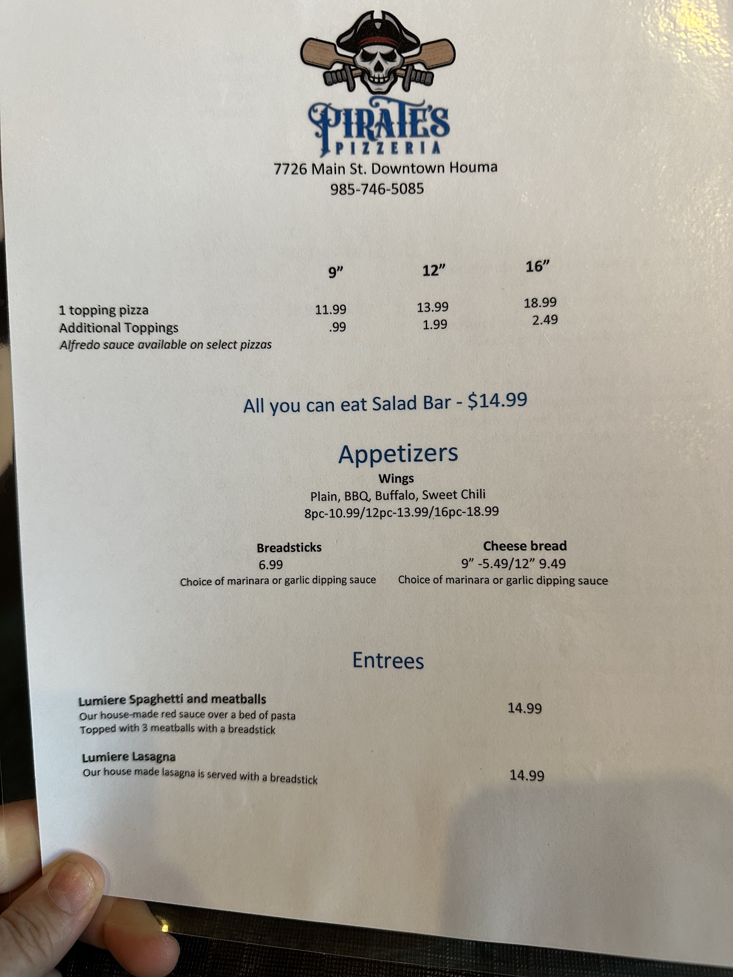 Pirates Pizzeria Menu