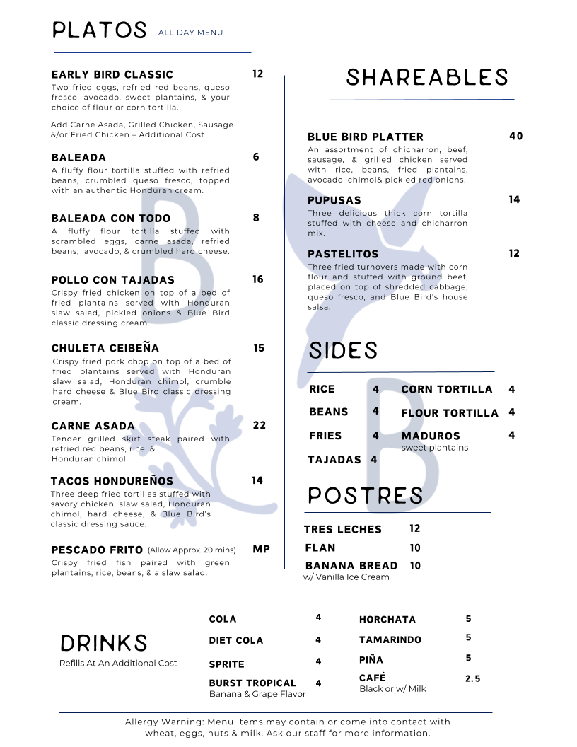Blue Bird Latin Eatery Menu