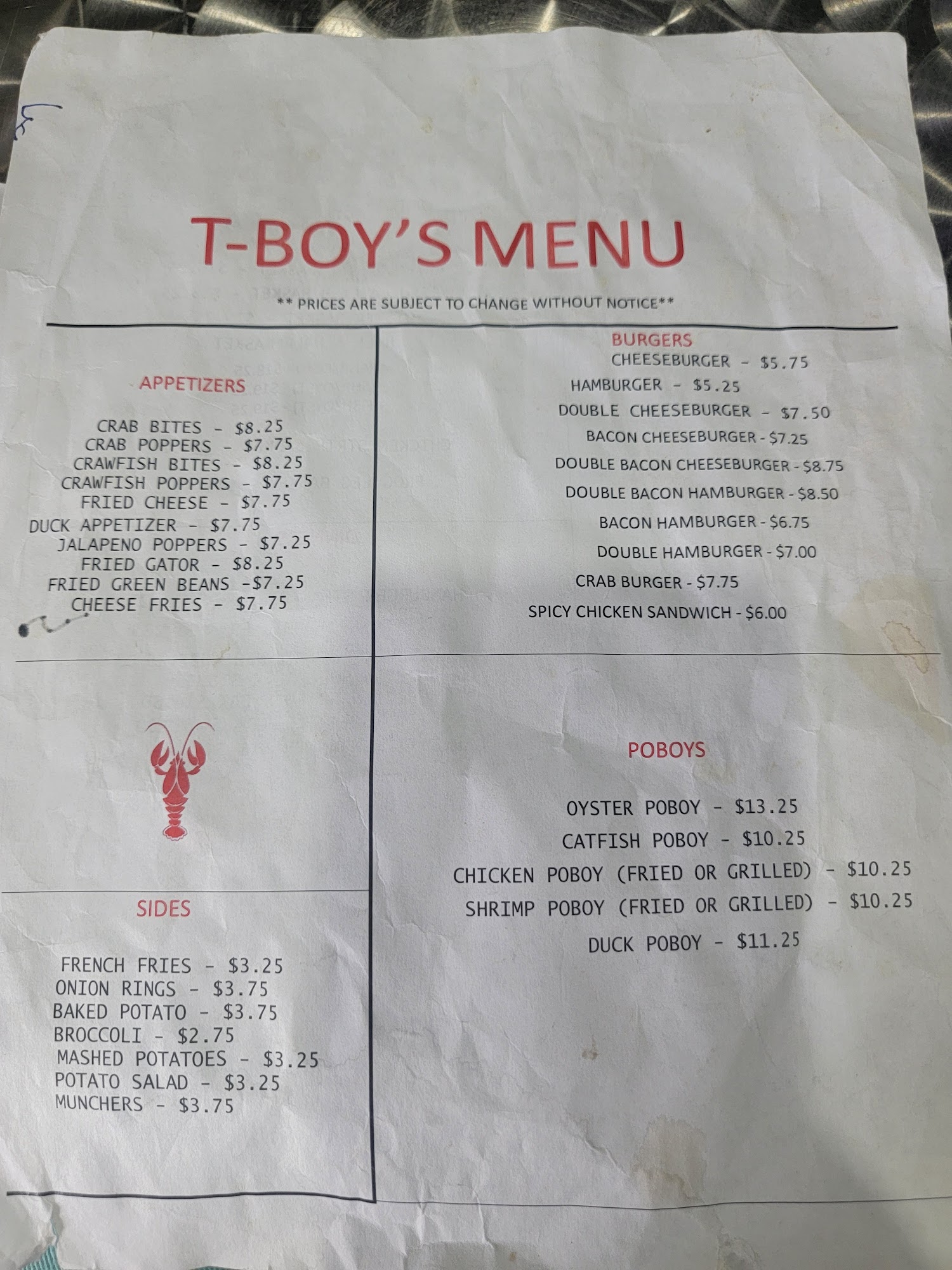 T-Boy's Cajun Grill Menu