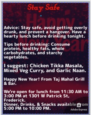 Taj Mahal Grill Menu