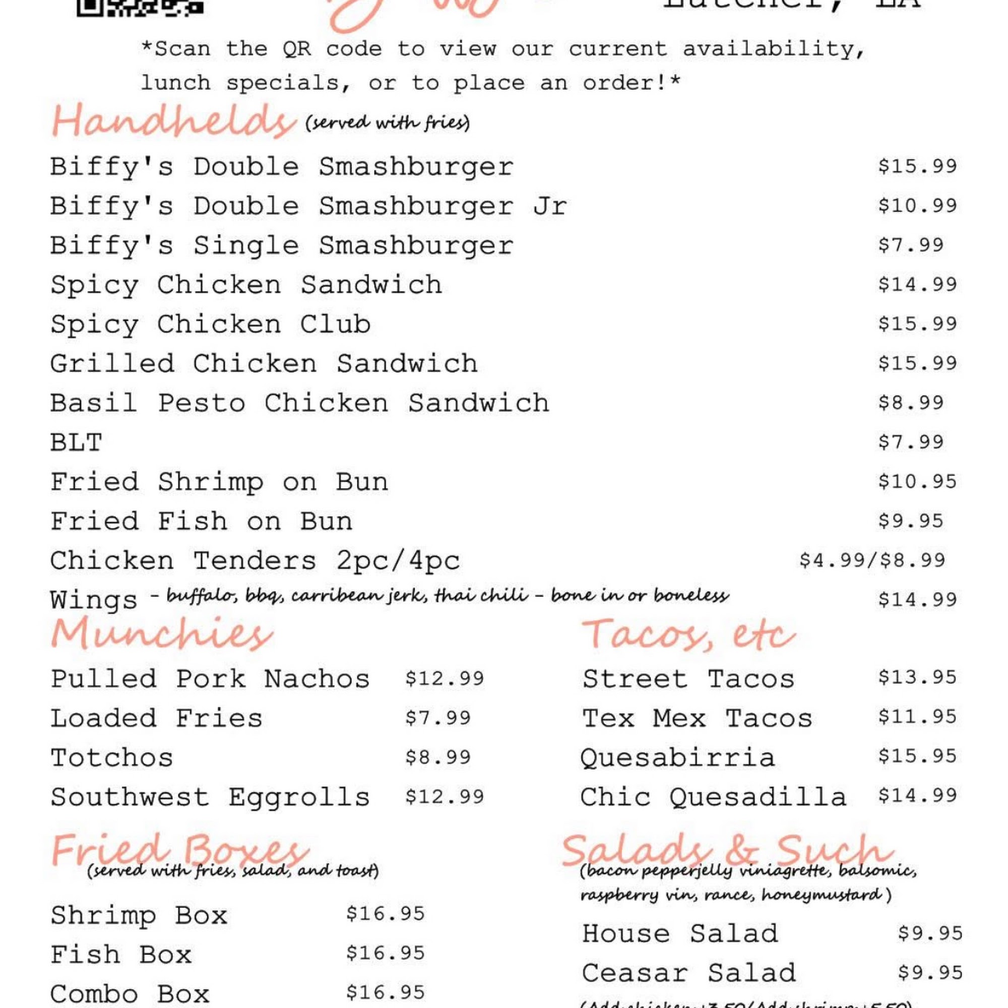 Biffy’s Menu