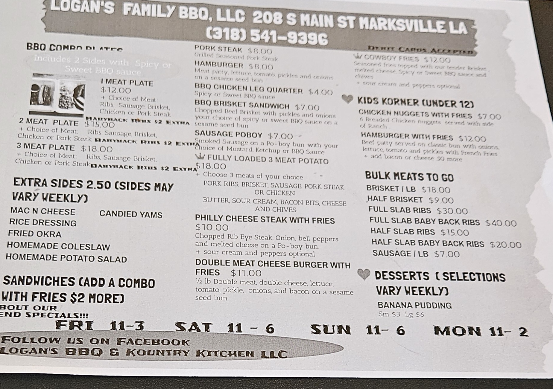 Logan's Family BBQ Menu