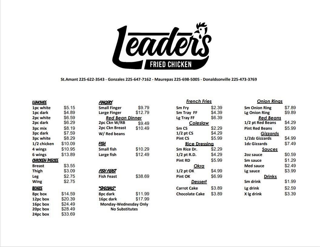 Leader's Fried Chicken Menu