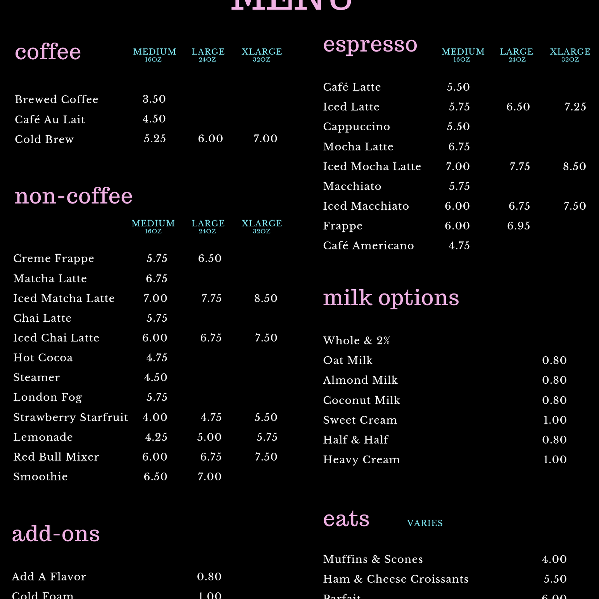 Jessie's Coffee & Crumbs Co. Menu