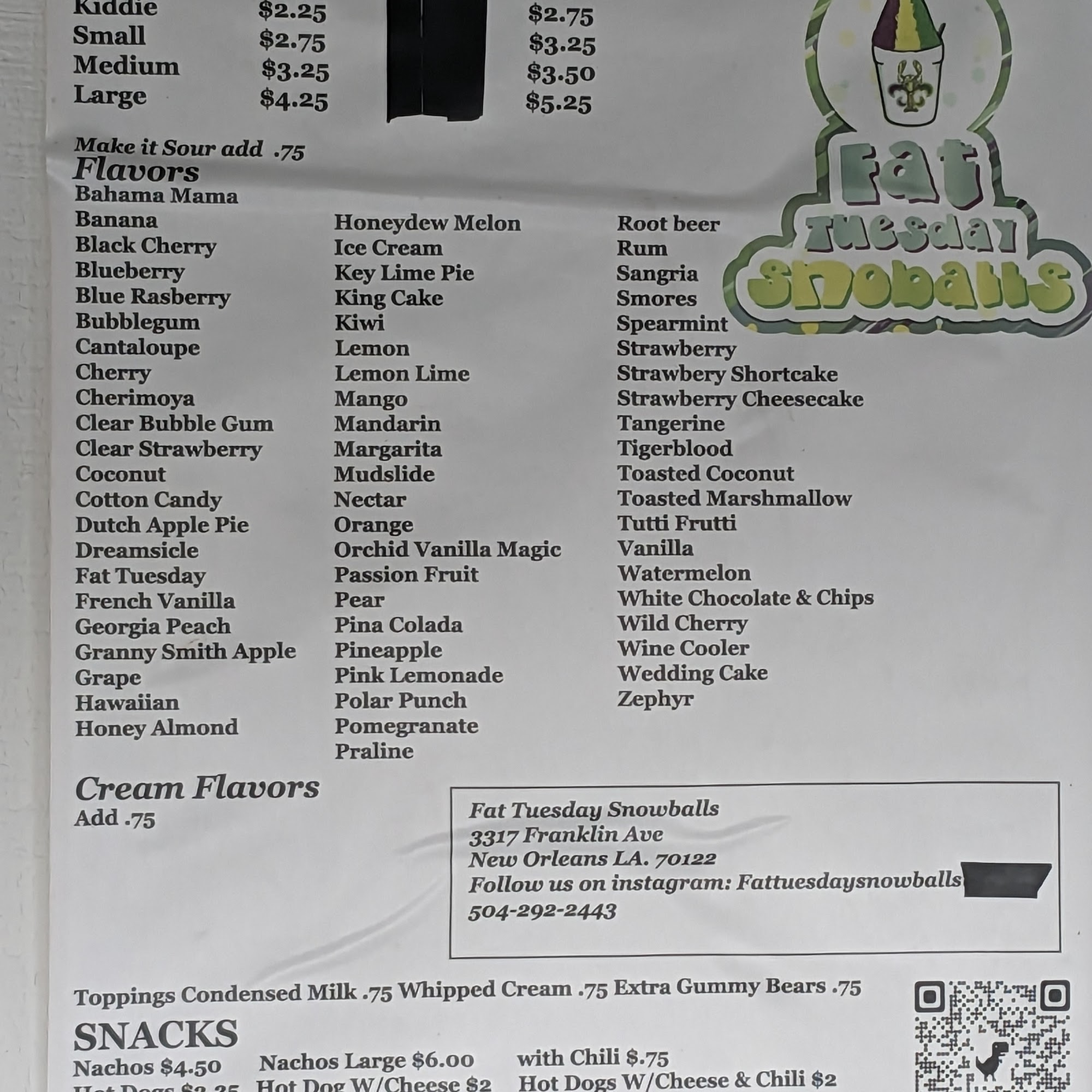 Fat Tuesday Snowballs Menu