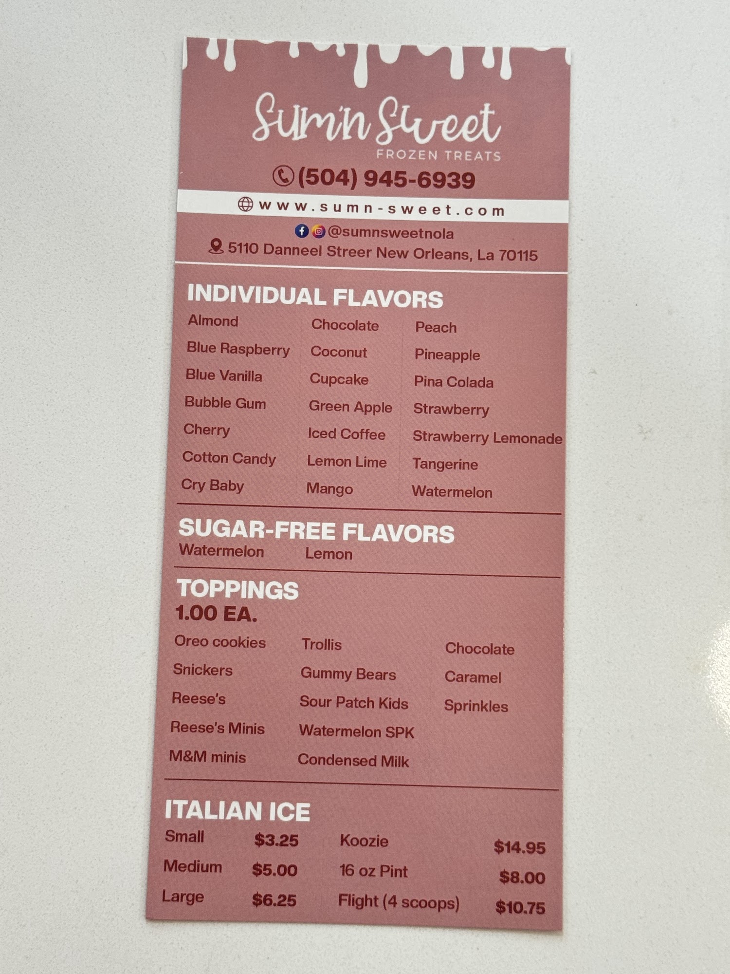 Sum’n Sweet Frozen Treats Menu