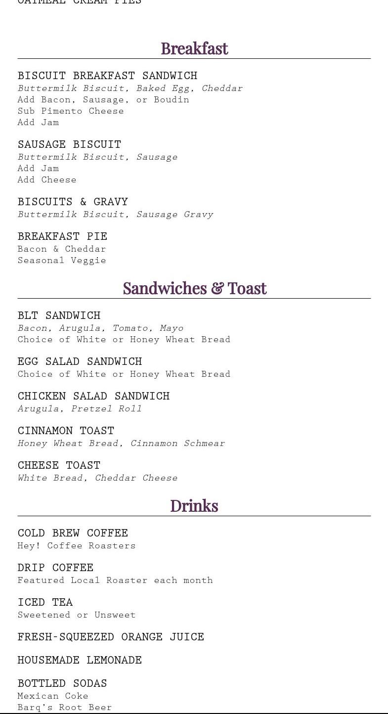 Mae’s Bakeshop Menu