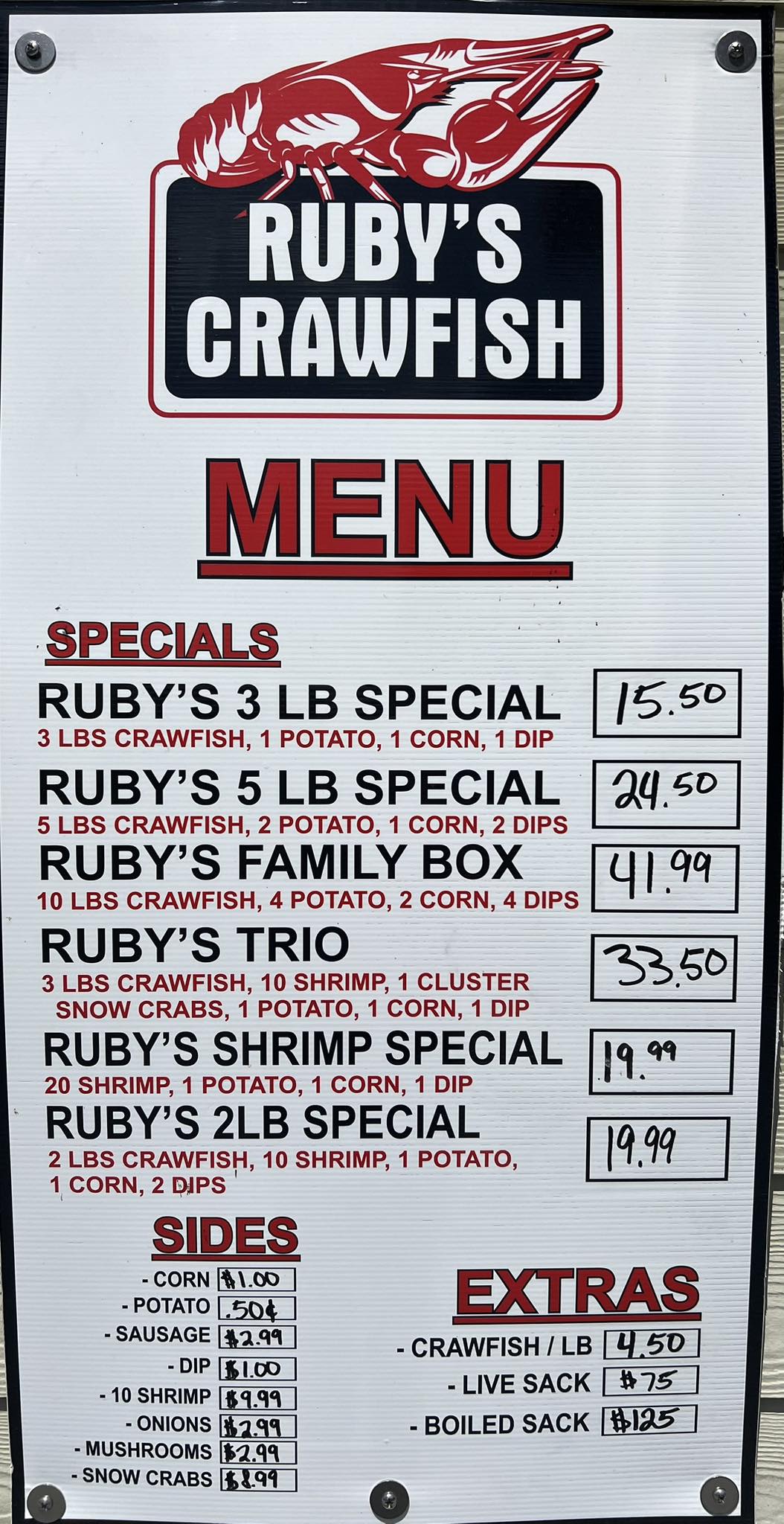 Ruby's Crawfish Menu