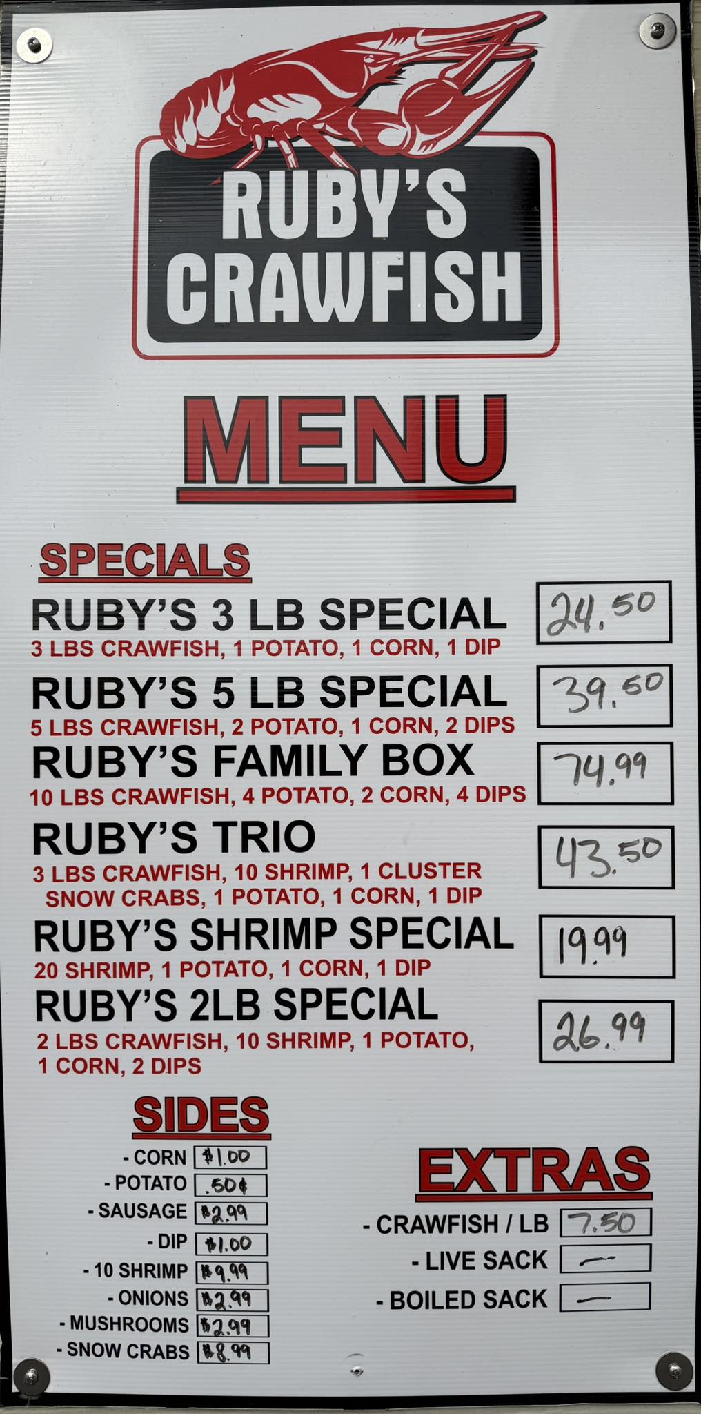 Ruby's Crawfish Menu
