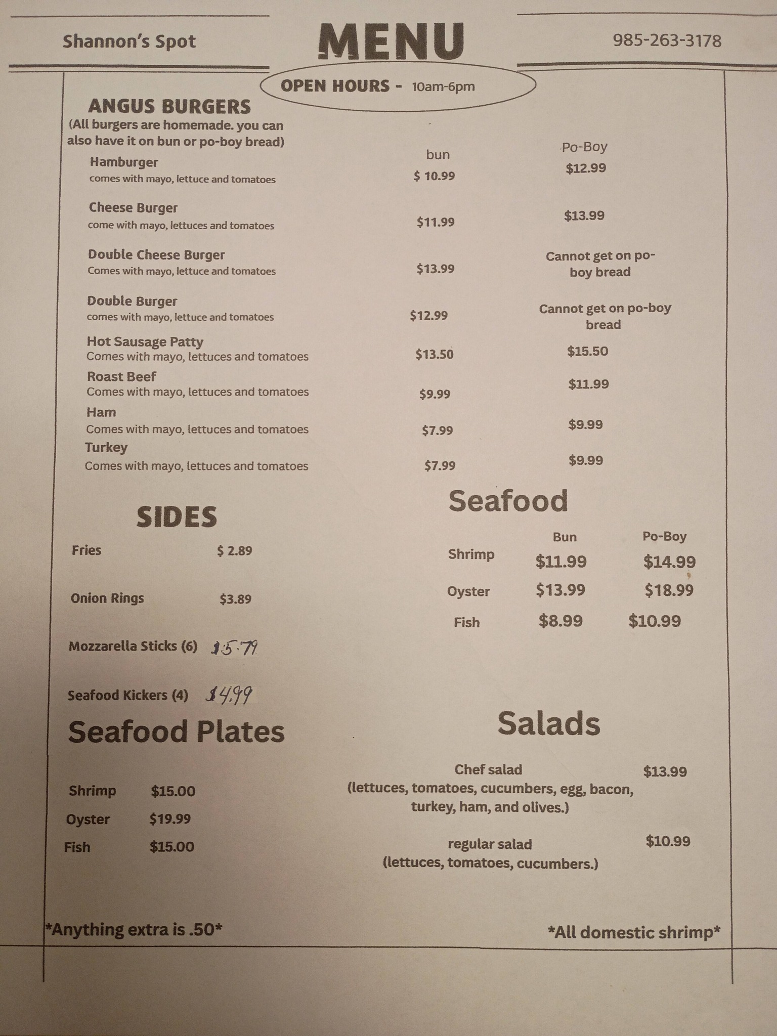 Shannon's Spot Menu