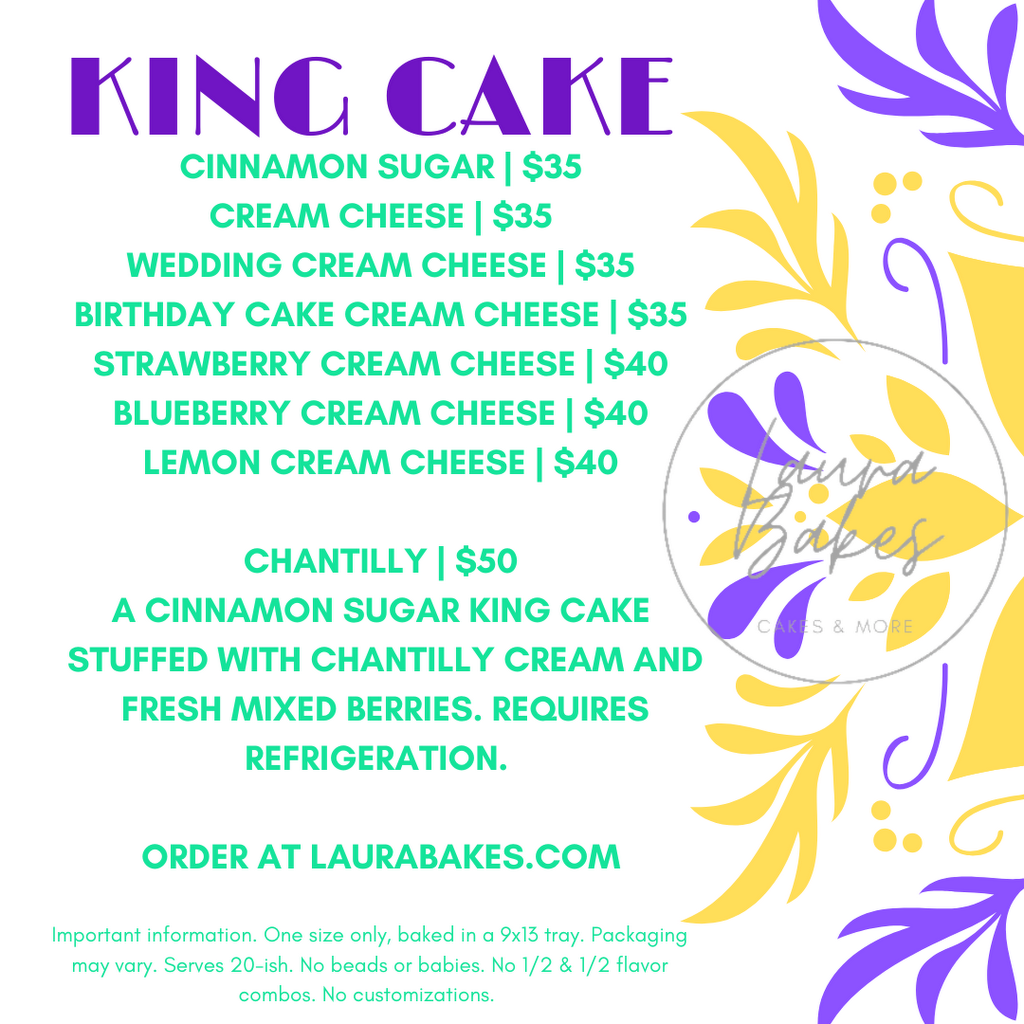 Laura Bakes, LLC Menu