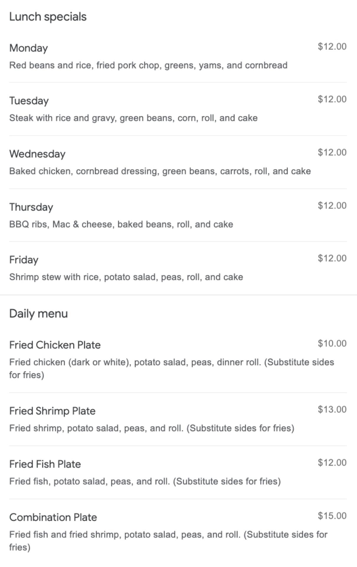 Lee's Cafe Menu