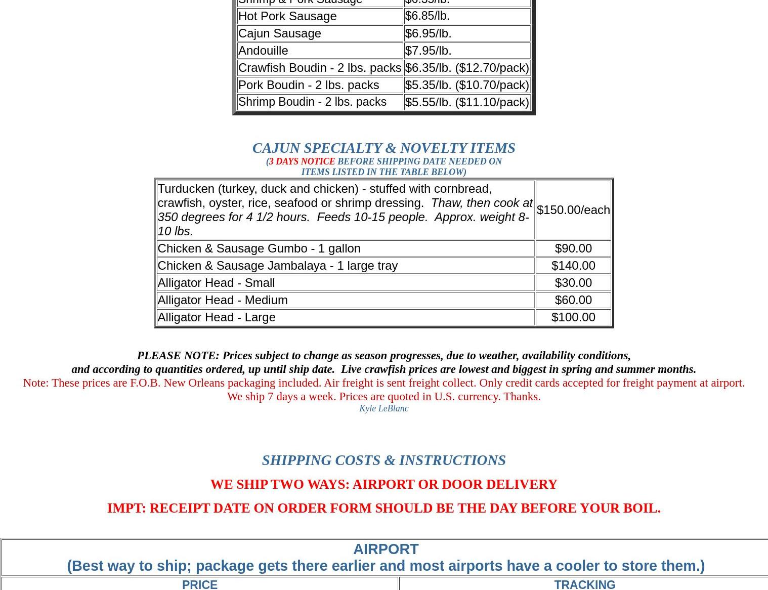 Kyle LeBlanc Crawfish Farms Menu