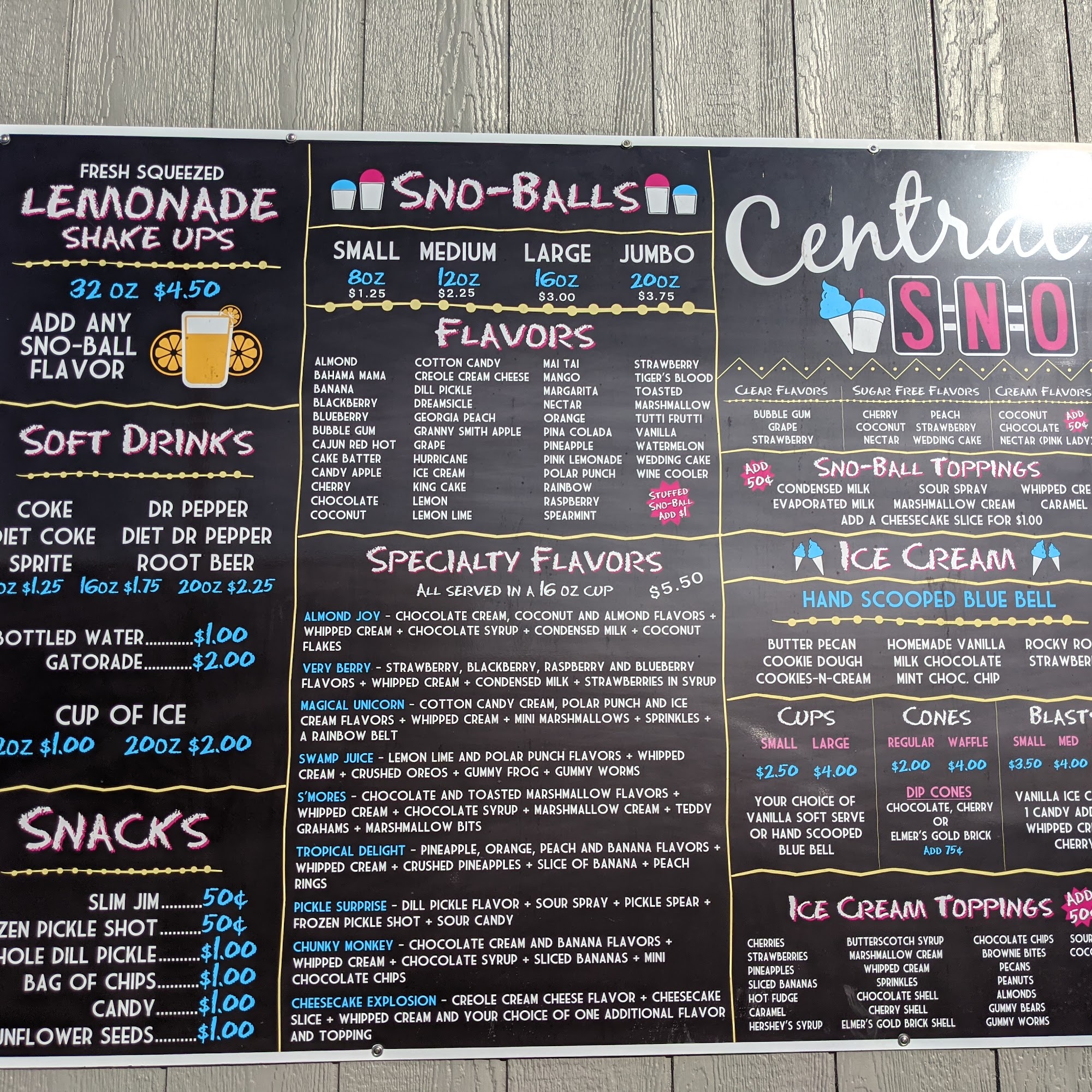 Central Sno Menu