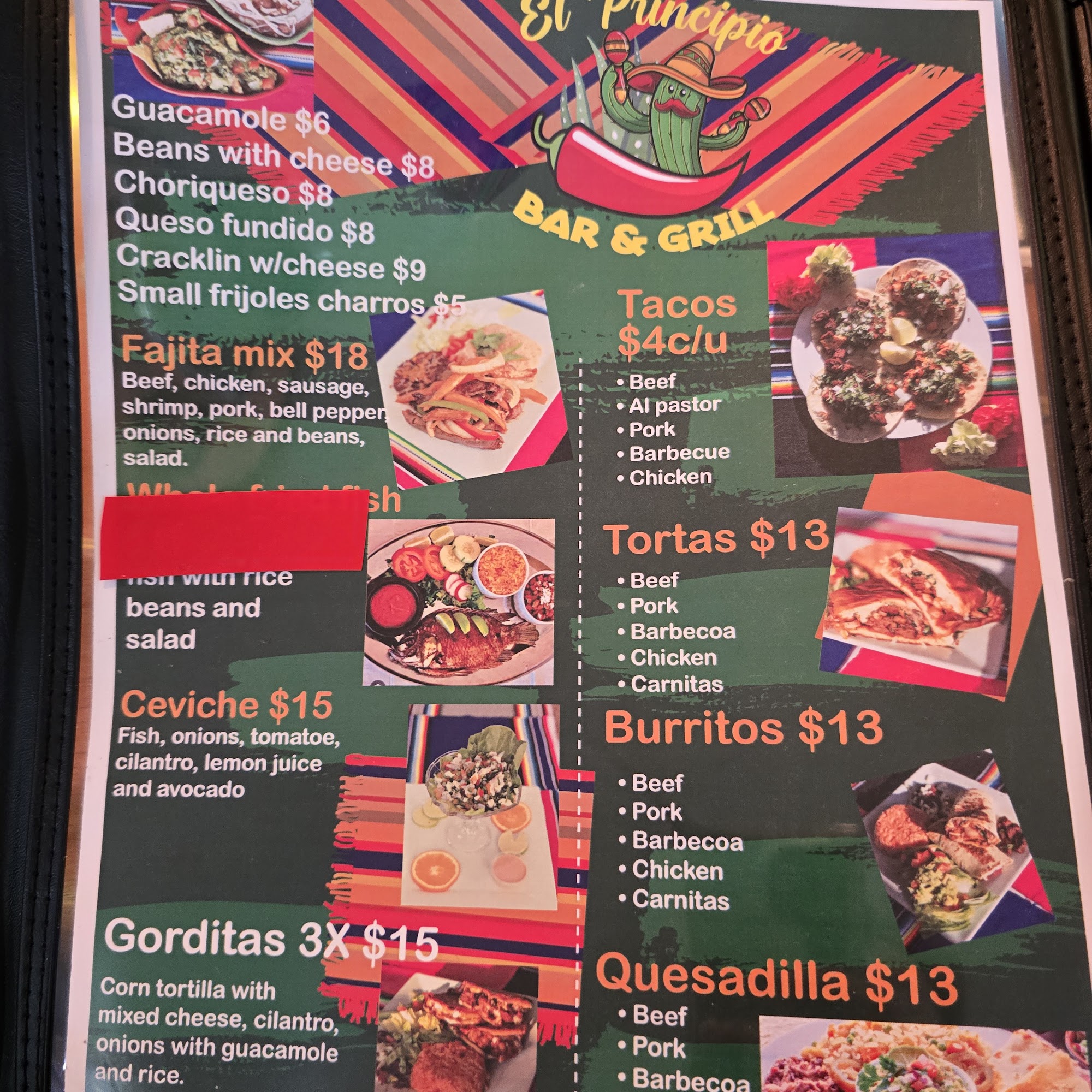 El Principio Bar and Grill Menu