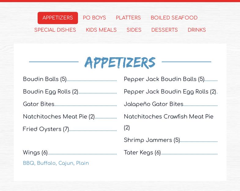 The Crabby Crawfish Menu