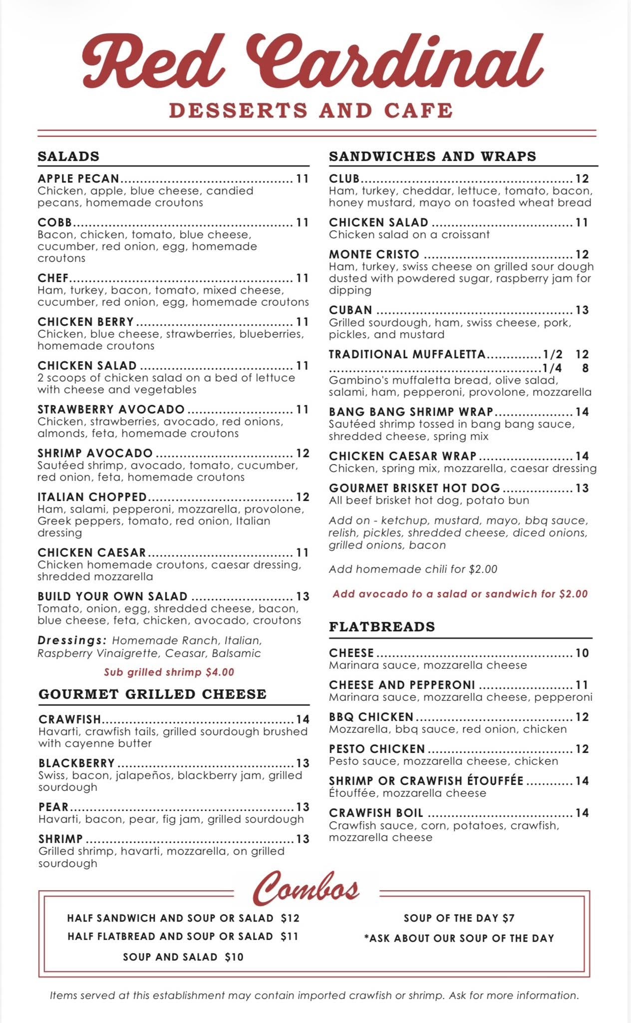 Red Cardinal Desserts and Cafe Menu