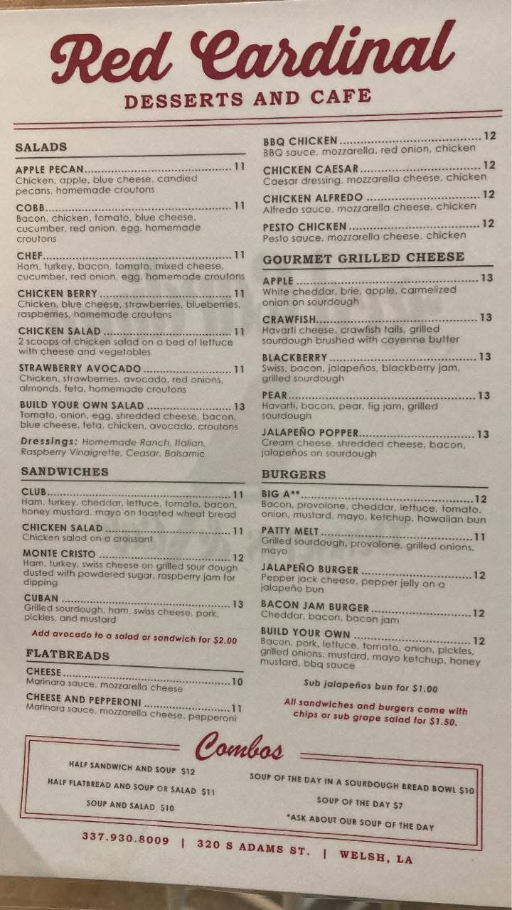Red Cardinal Desserts and Cafe Menu