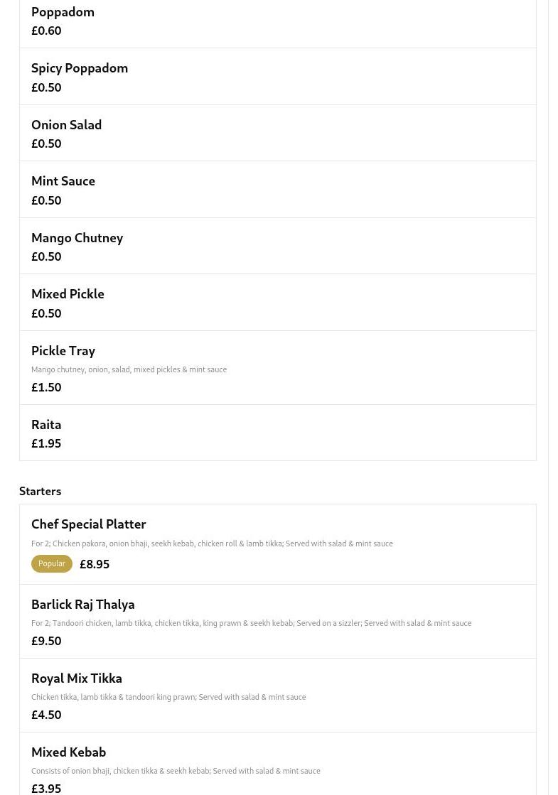 Barlick Raj Balti Menu