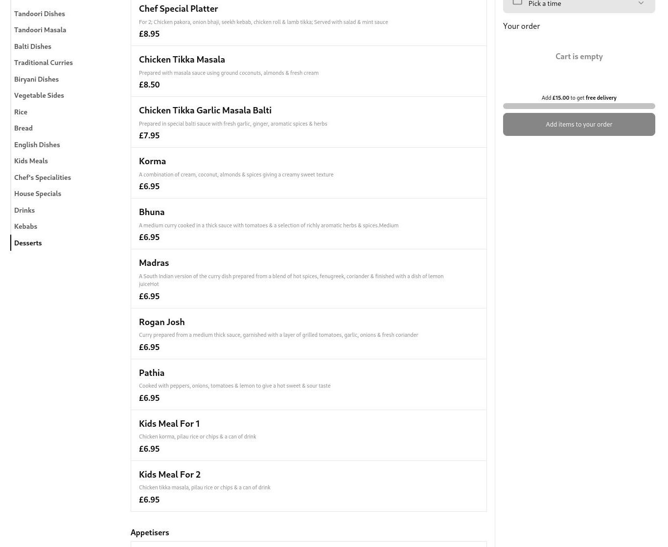 Barlick Raj Balti Menu