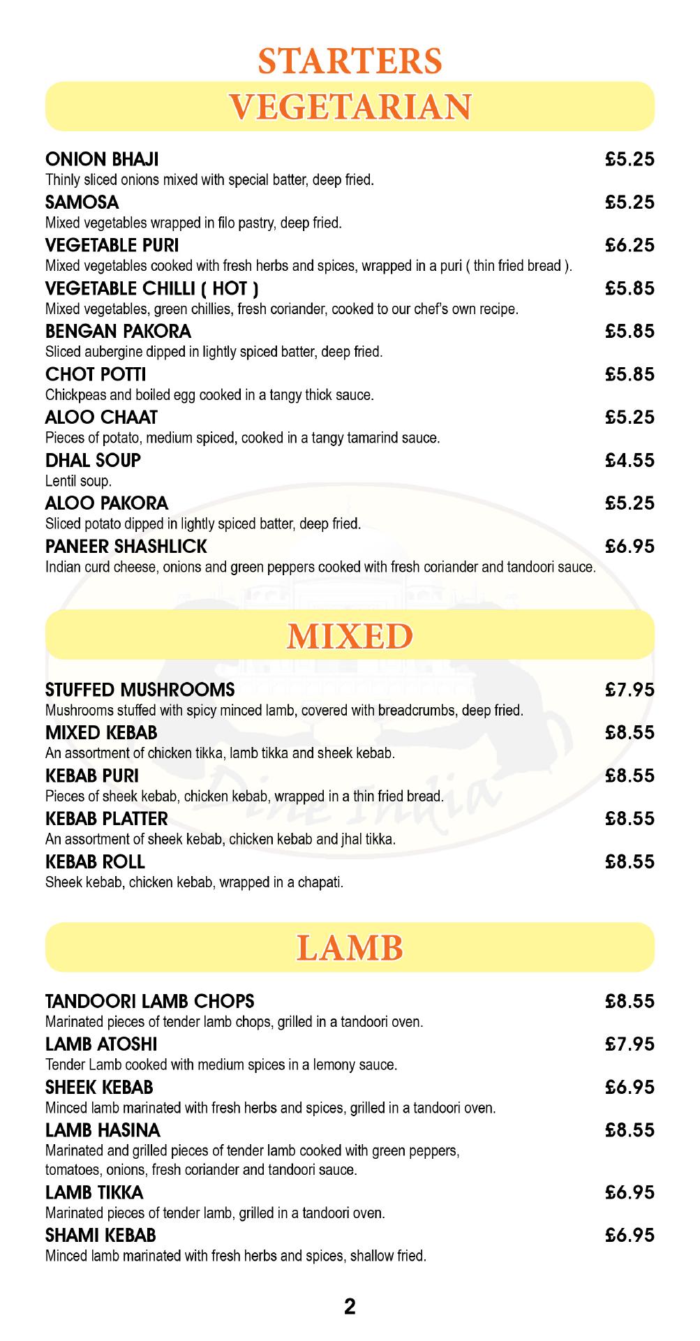 Dine India Menu