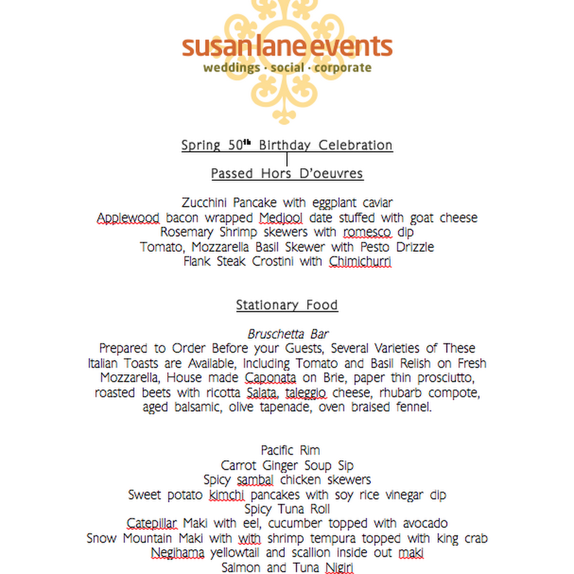 Susan Lane Catering Menu
