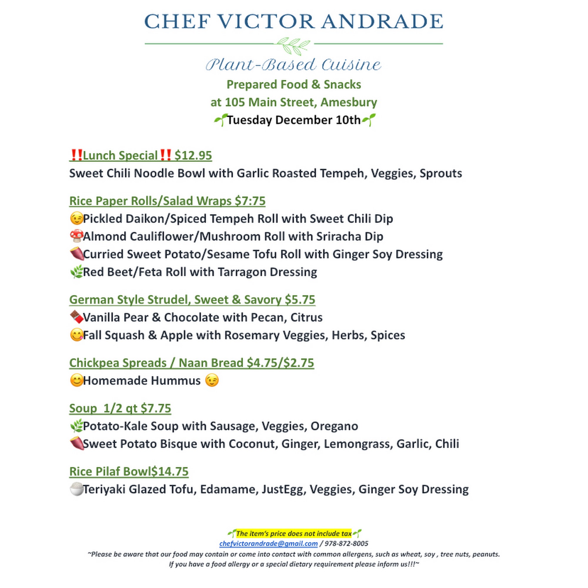 Chef Victor Andrade Menu