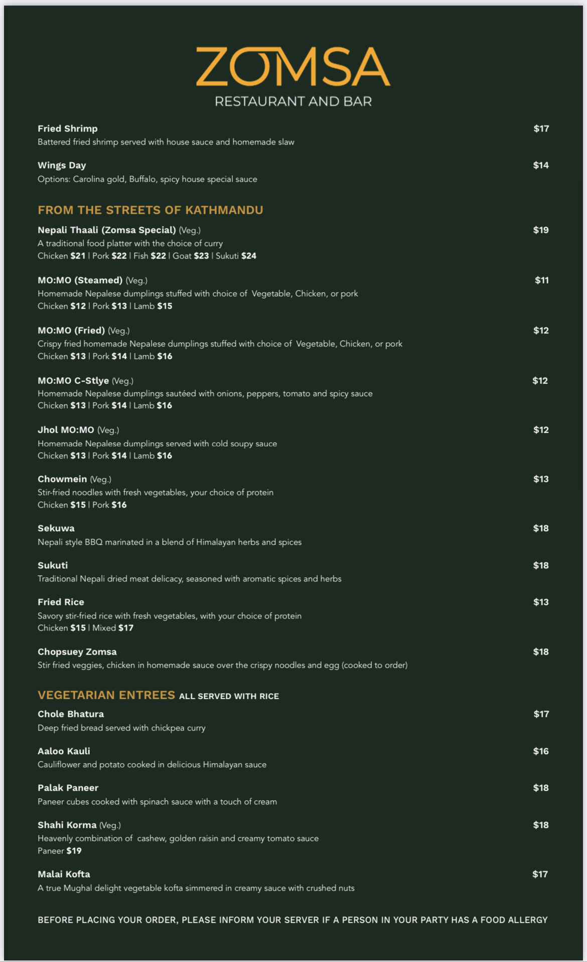 ZOMSA Restaurant and Bar Menu