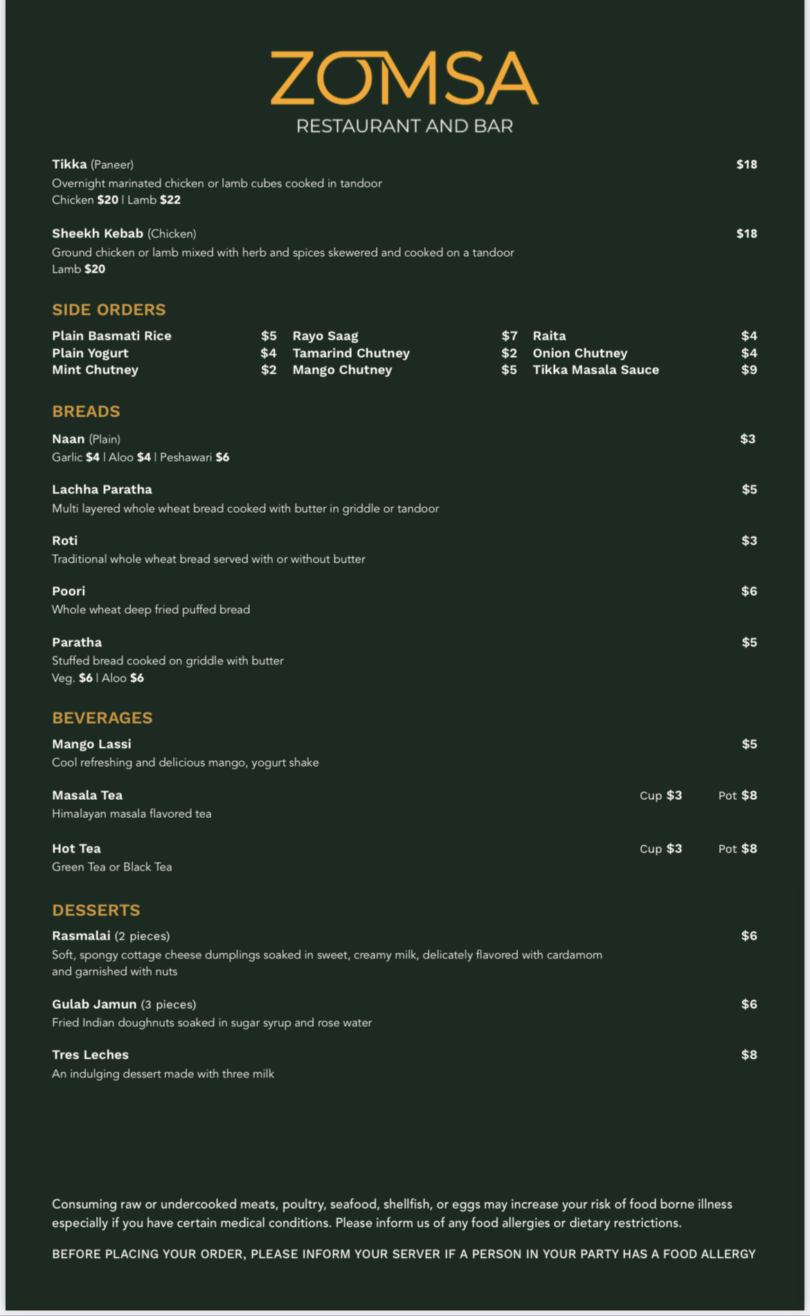 ZOMSA Restaurant and Bar Menu