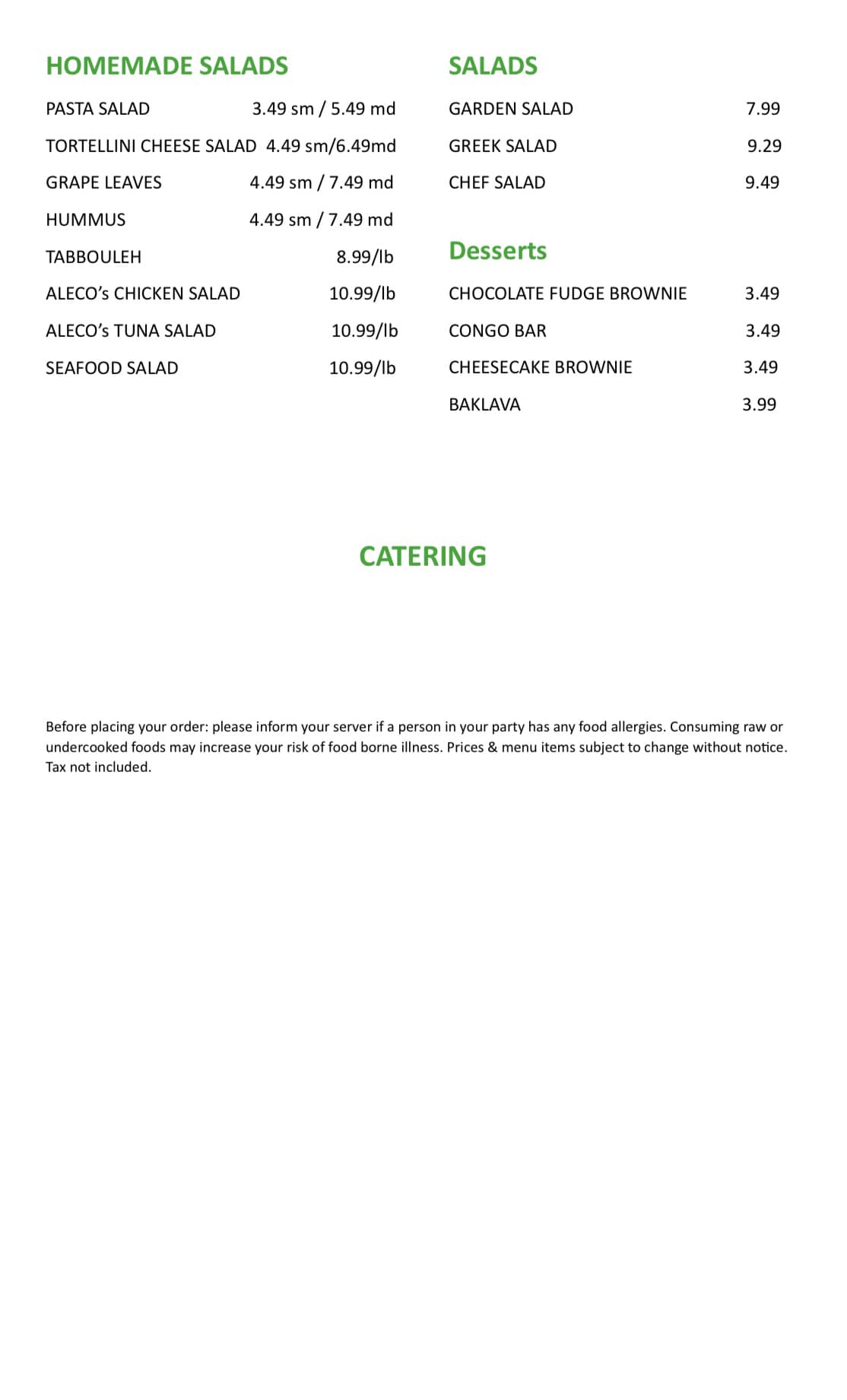 Aleco Deli Menu