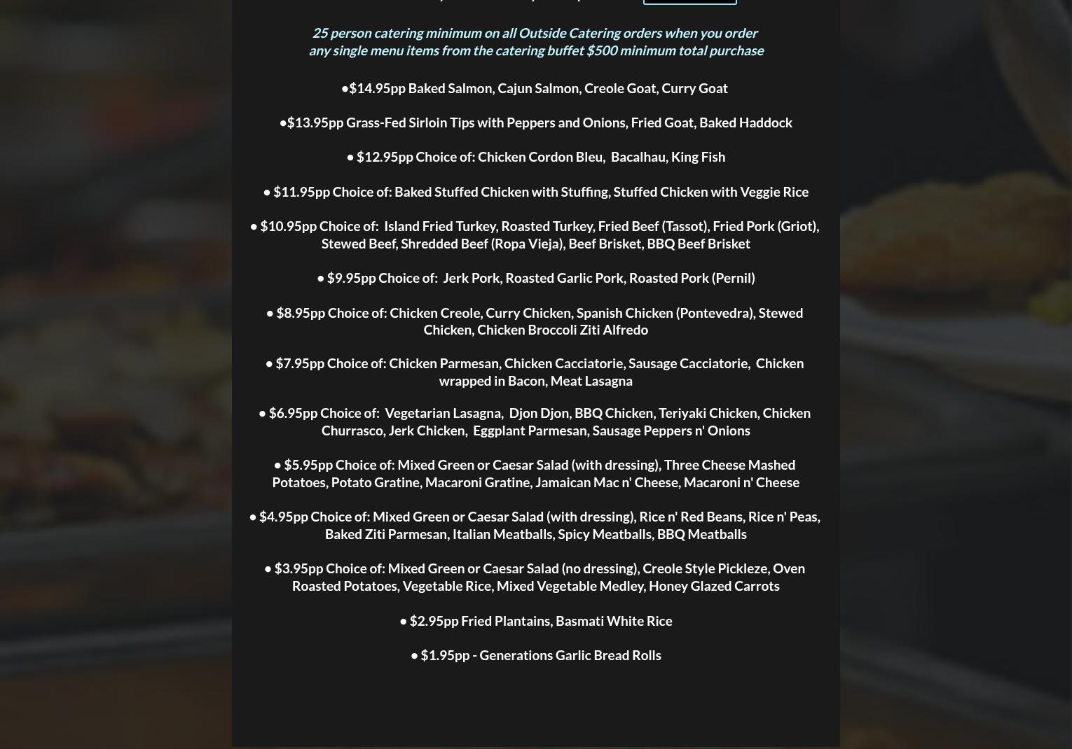 Generations Banquet Hall Menu