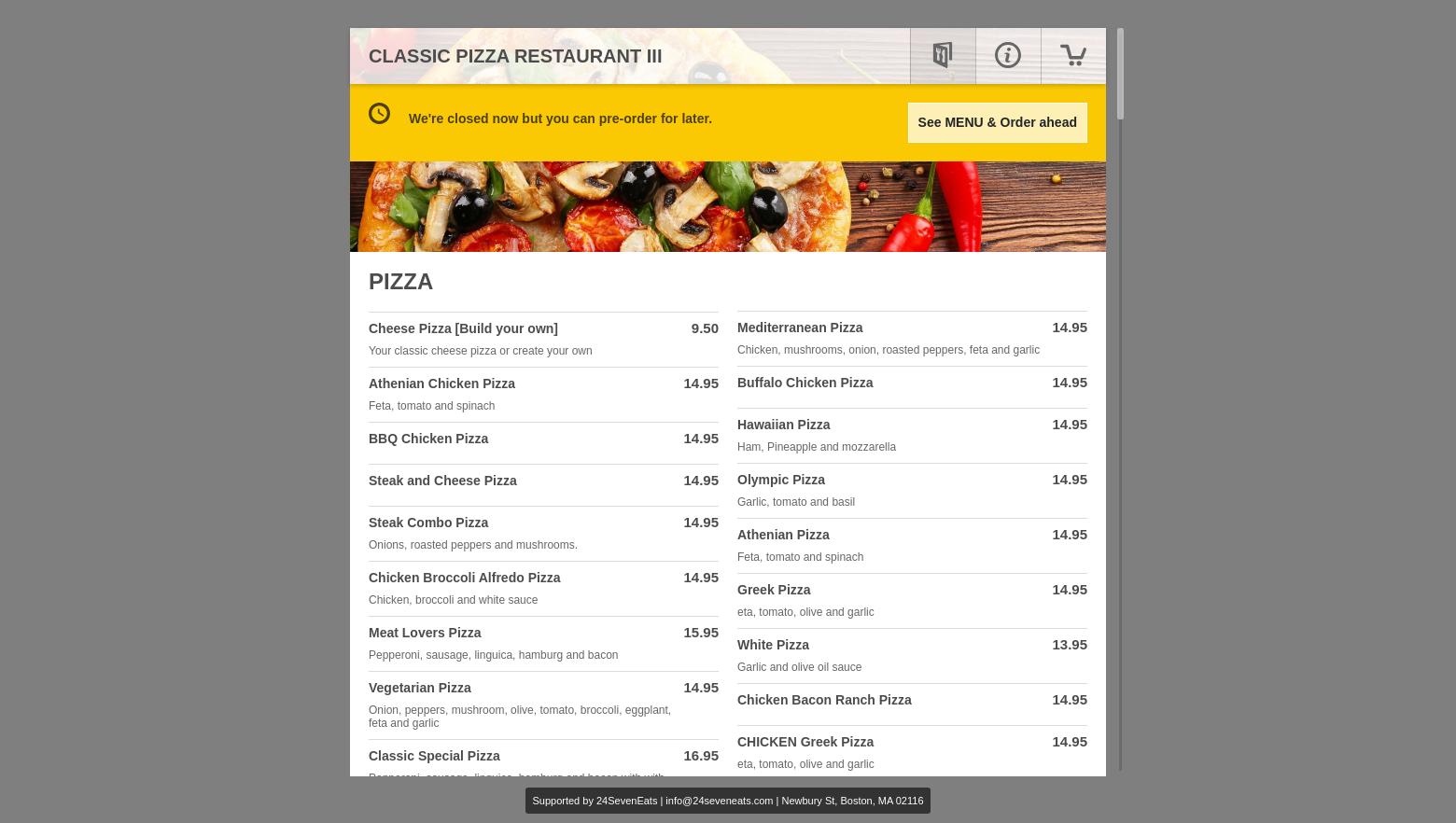 Classic Pizza Restaurant III Menu