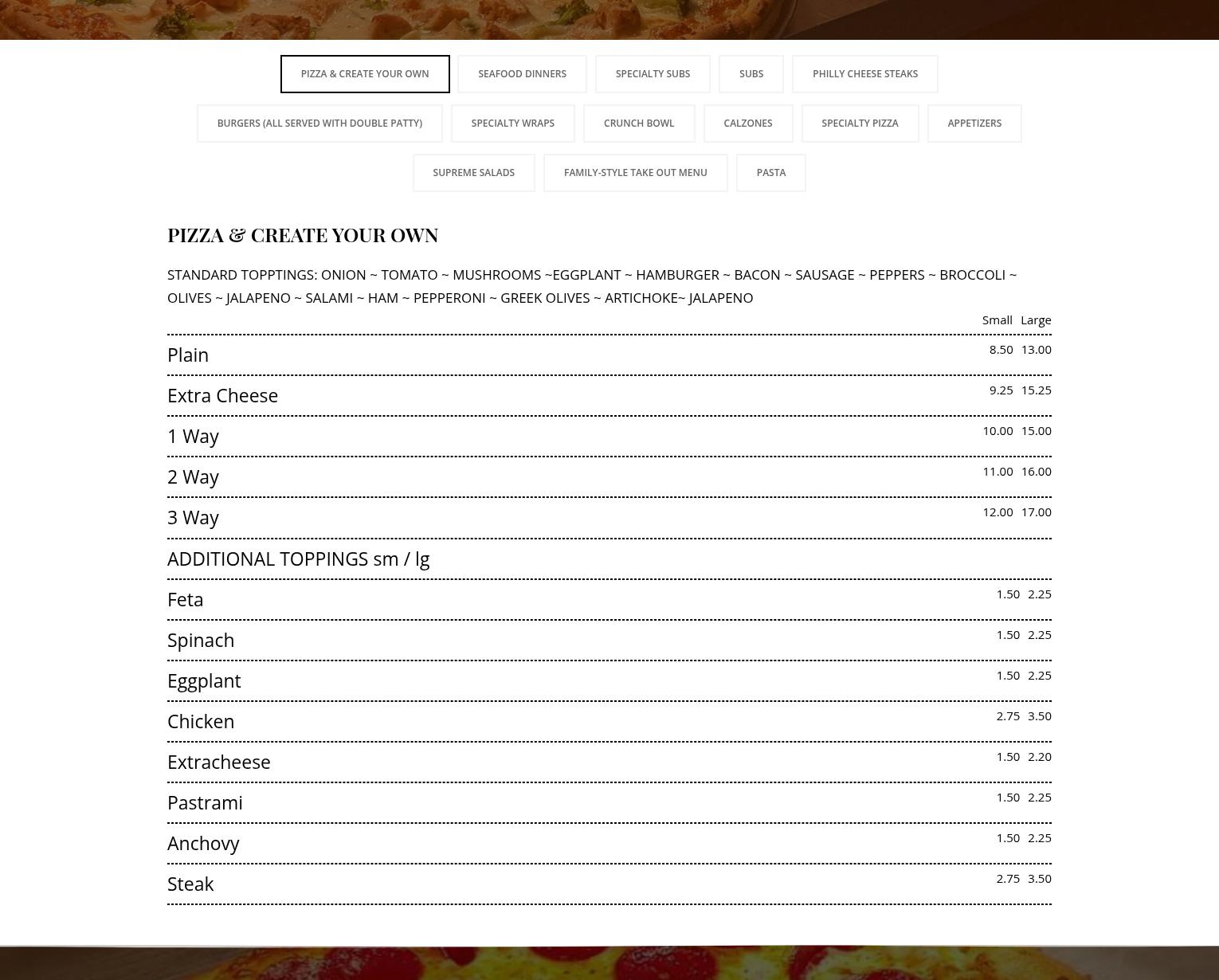 Boston House of Pizza Menu