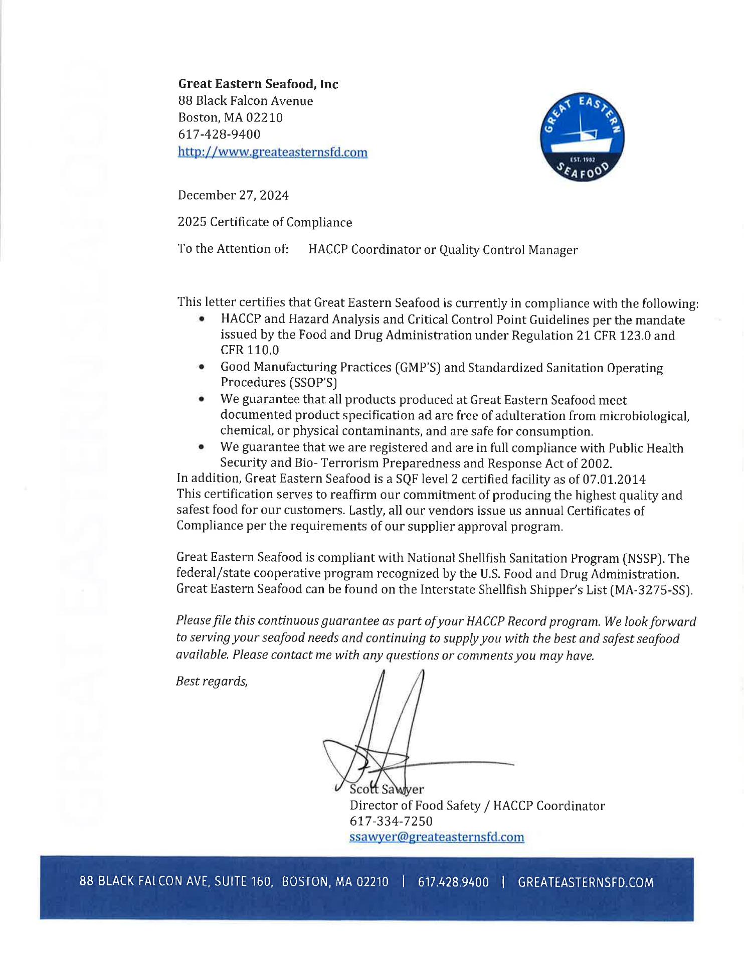 Great Eastern Seafood Menu