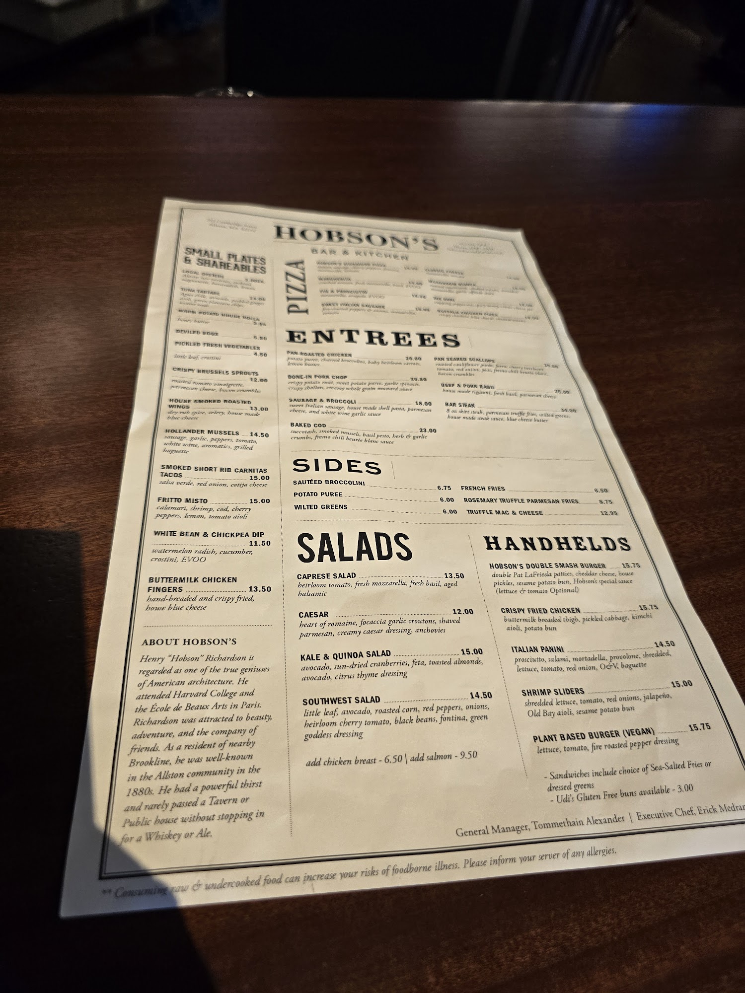 Hobson's Bar & Kitchen Menu